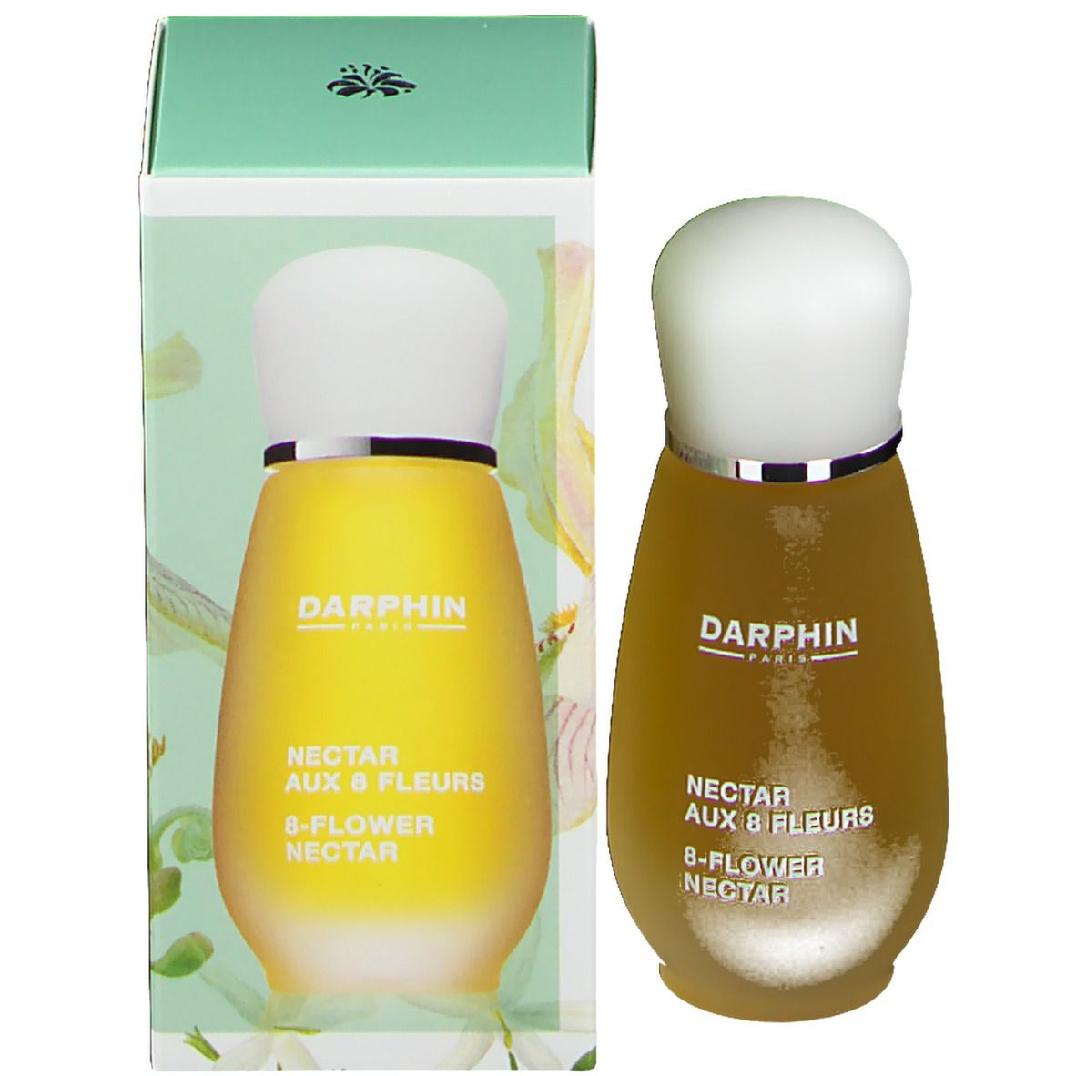 Flacon et emballage du produit. Flacon avec contenu jaune, bouchon blanc. Emballage vert et blanc avec logo.