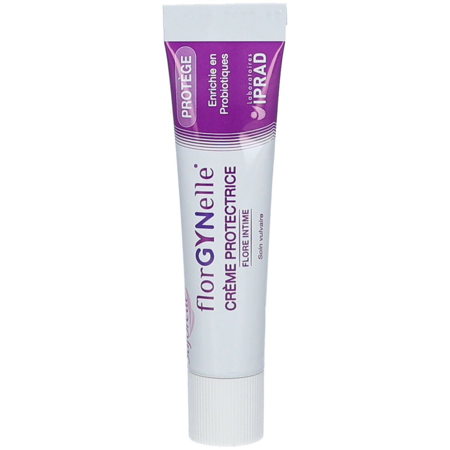 Tube blanc avec accents violets. Inscription: florGYNelle Crème Protectrice, flore intime. Avec texte: Enrichie en Probiotiques.
