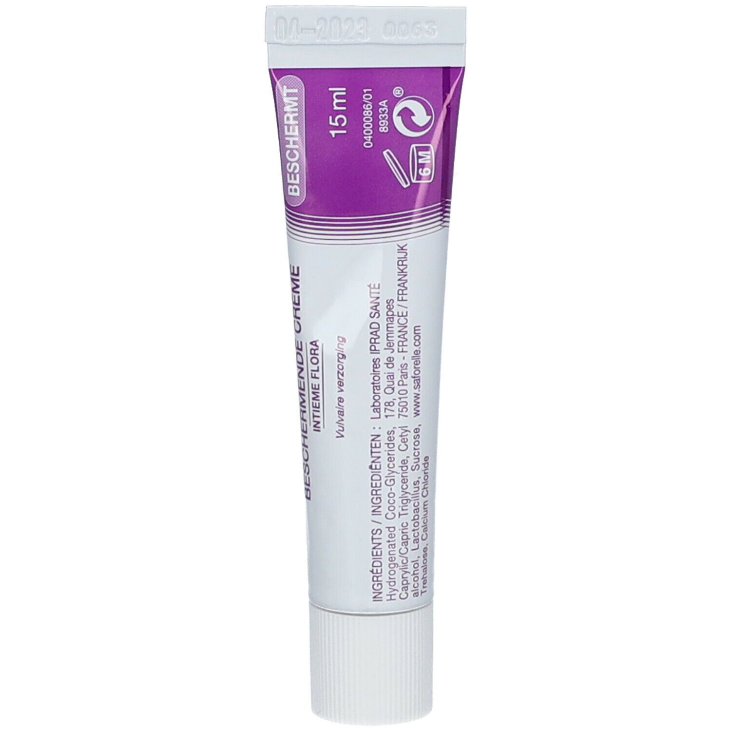 Tube de crème avec accents violets. Inscription: BESCHERMT, 15 ml. Avec texte: Enrichie en Probiotiques. Avec logo et ingrédients.