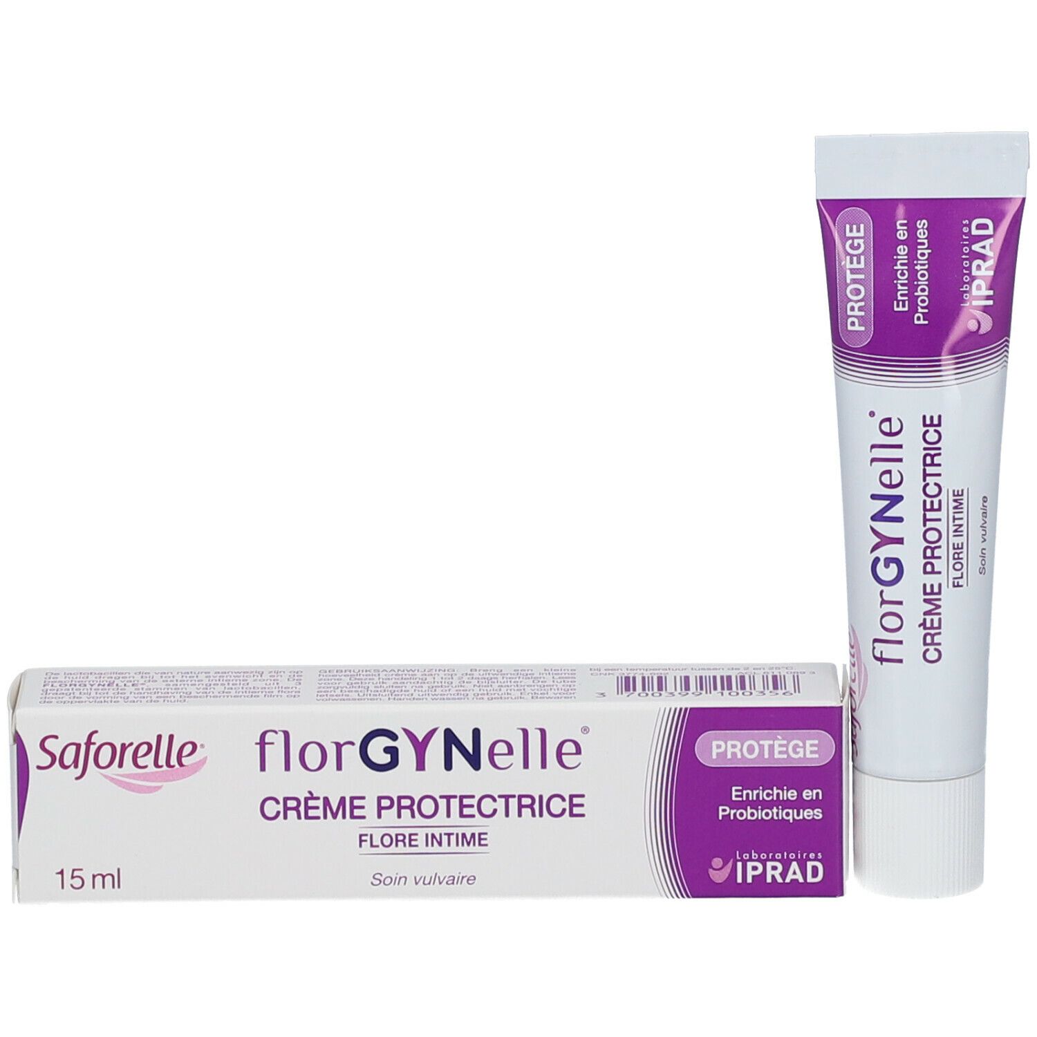Deux emballages: tube et boîte. Inscription: florGYNelle Crème Protectrice, 15 ml. Avec logo et texte: Enrichie en Probiotiques.