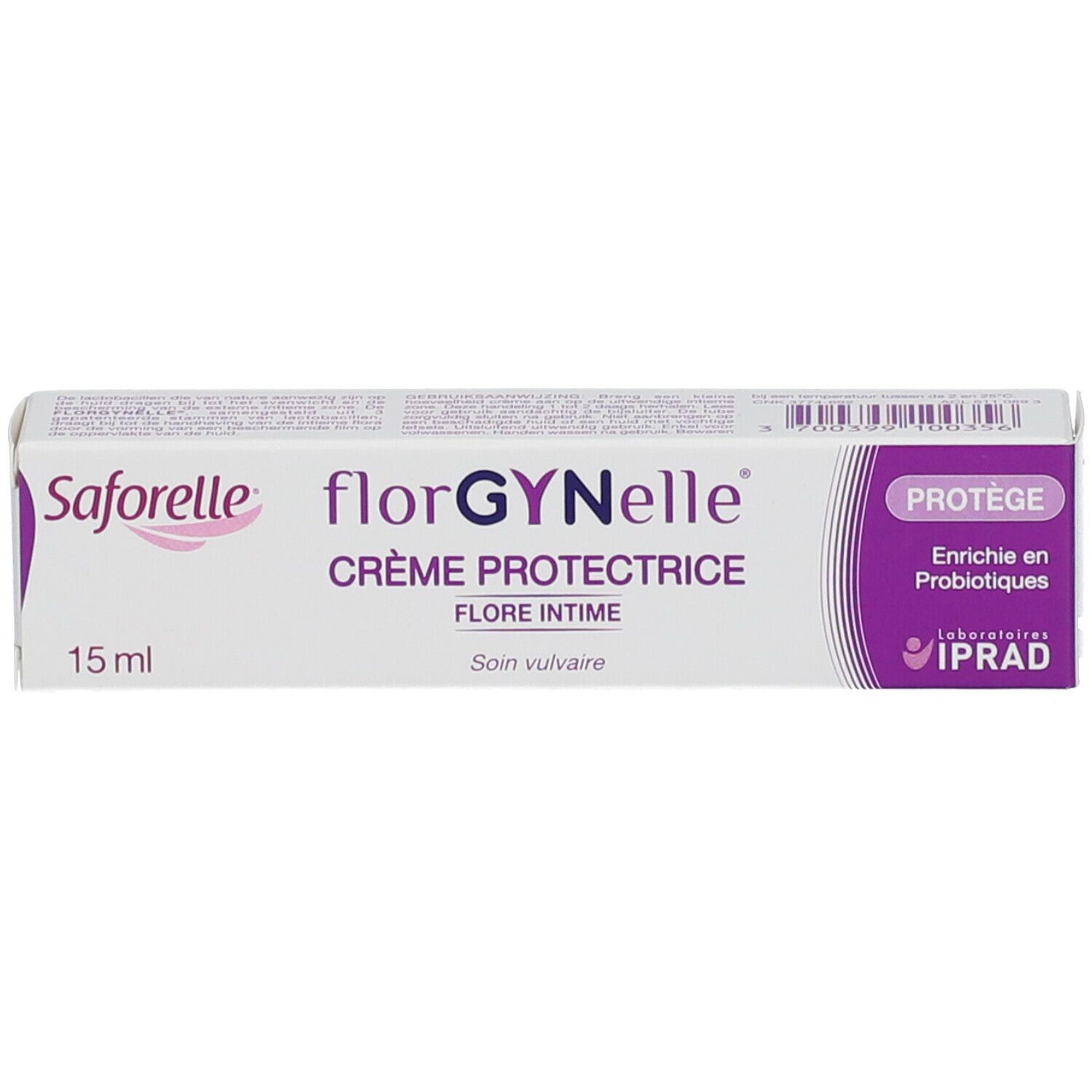 Boîte. Inscription: florGYNelle Crème Protectrice, 15 ml. Avec logo et texte: Enrichie en Probiotiques.
