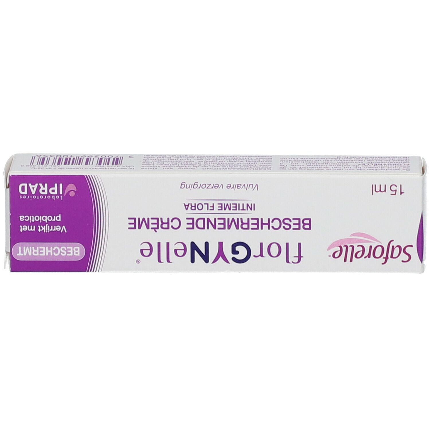 Boîte. Inscription: florGYNelle BESCHERMENDE CREME, 15 ml. Avec texte: Verrijkt met probiotica.