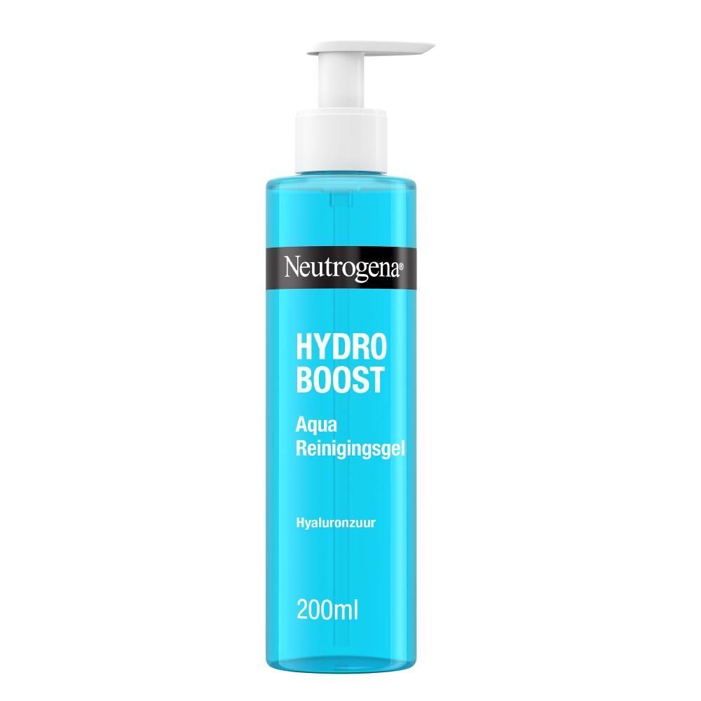 Neutrogena Hydro Boost Aqua Reinigingsgel. Blauwe fles met pomp. Tekst.