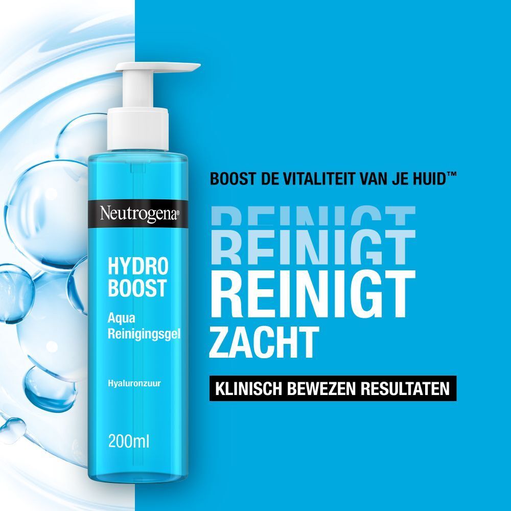 Neutrogena Hydro Boost Aqua Reinigingsgel. Blauwe fles met pomp. Tekst.