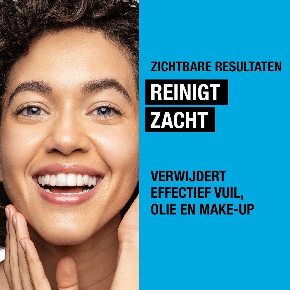 Neutrogena Hydro Boost Aqua Reinigingsgel. Blauwe fles met pomp. Tekst.