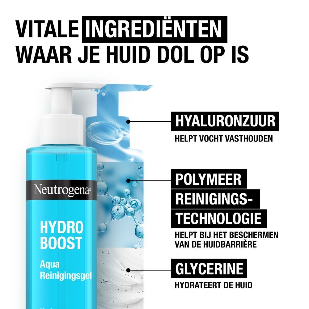 Neutrogena Hydro Boost Aqua Reinigingsgel. Blauwe fles met pomp. Tekst.