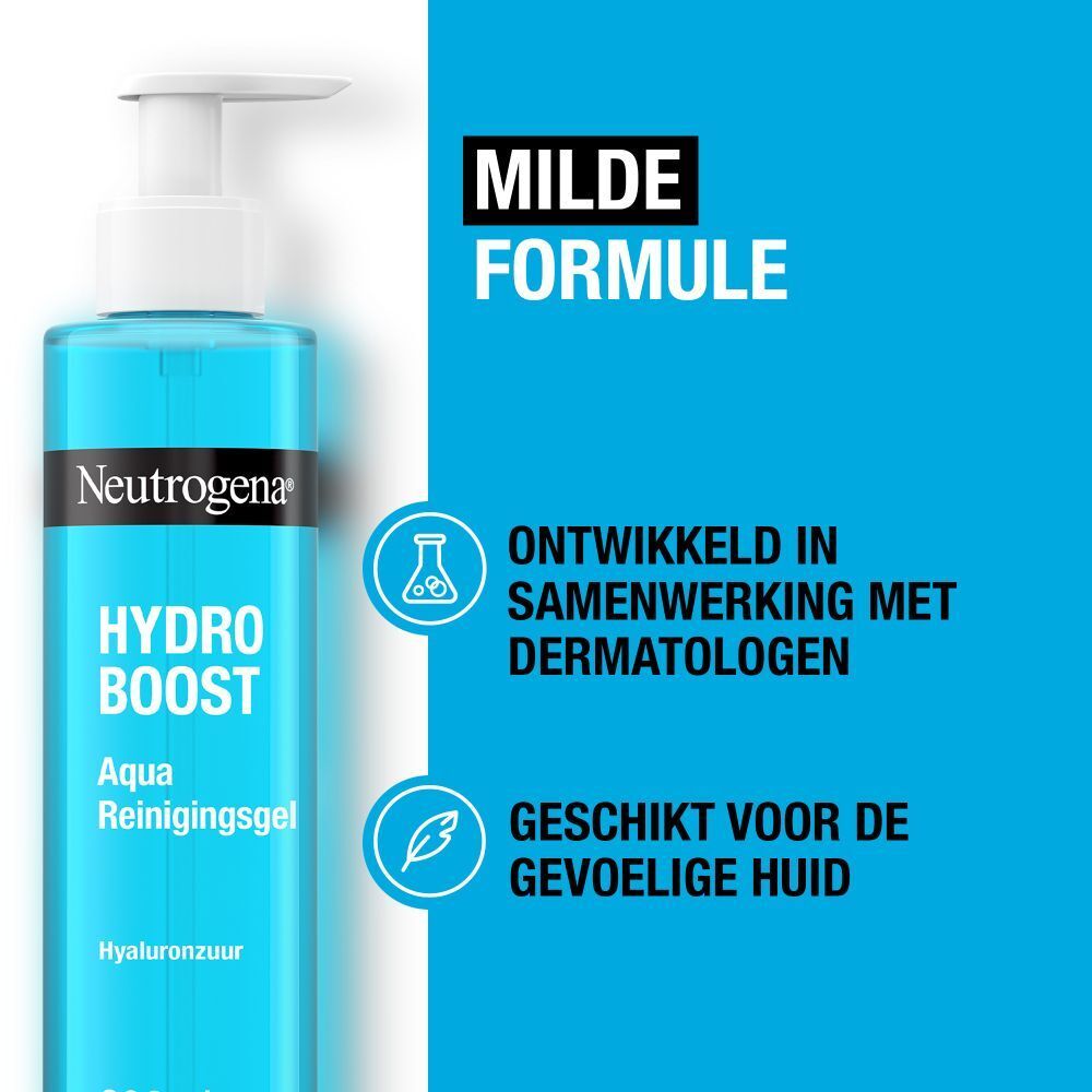Neutrogena Hydro Boost Aqua Reinigingsgel. Blauwe fles met pomp. Tekst.