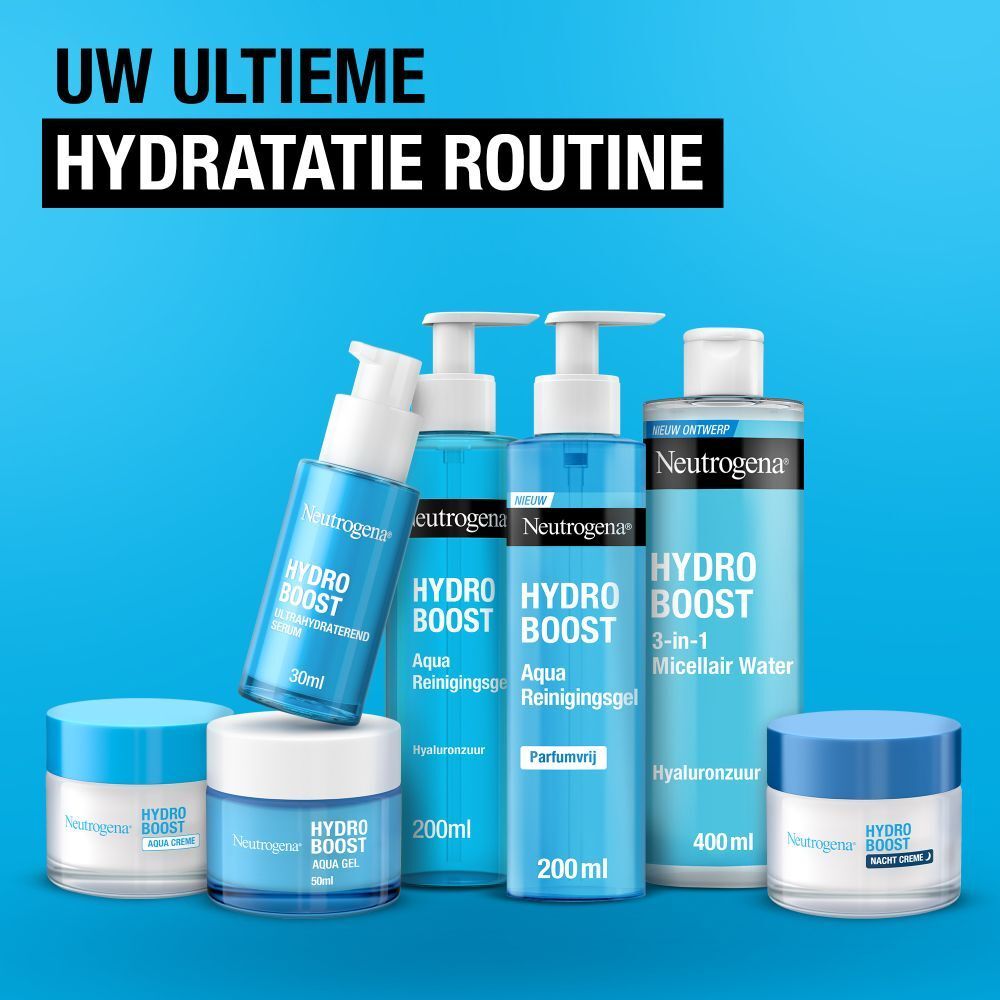 Neutrogena Hydro Boost Aqua Reinigingsgel. Blauwe fles met pomp. Tekst.