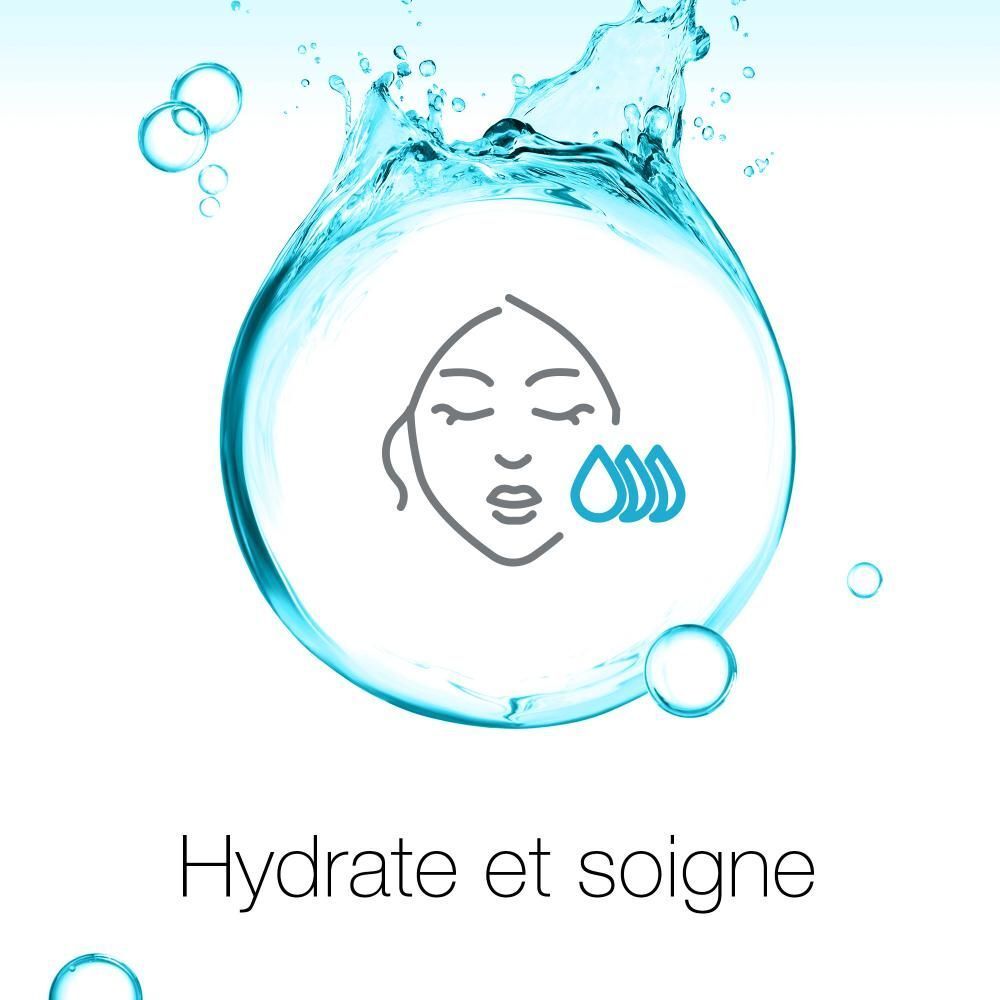 Graphique : visage avec gouttes d'eau. Texte : Hydrate et soigne.
