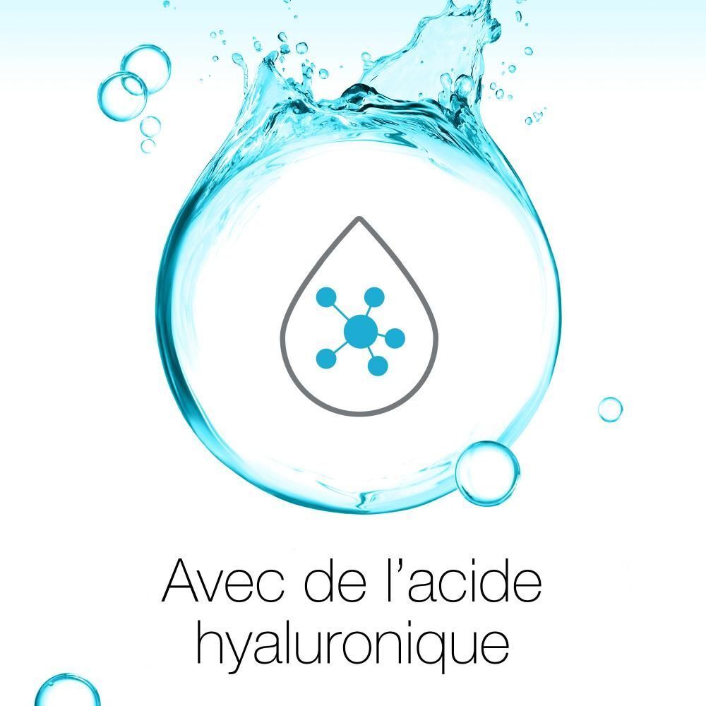 Graphique : goutte d'eau avec molécules. Texte : Avec de l'acide hyaluronique.