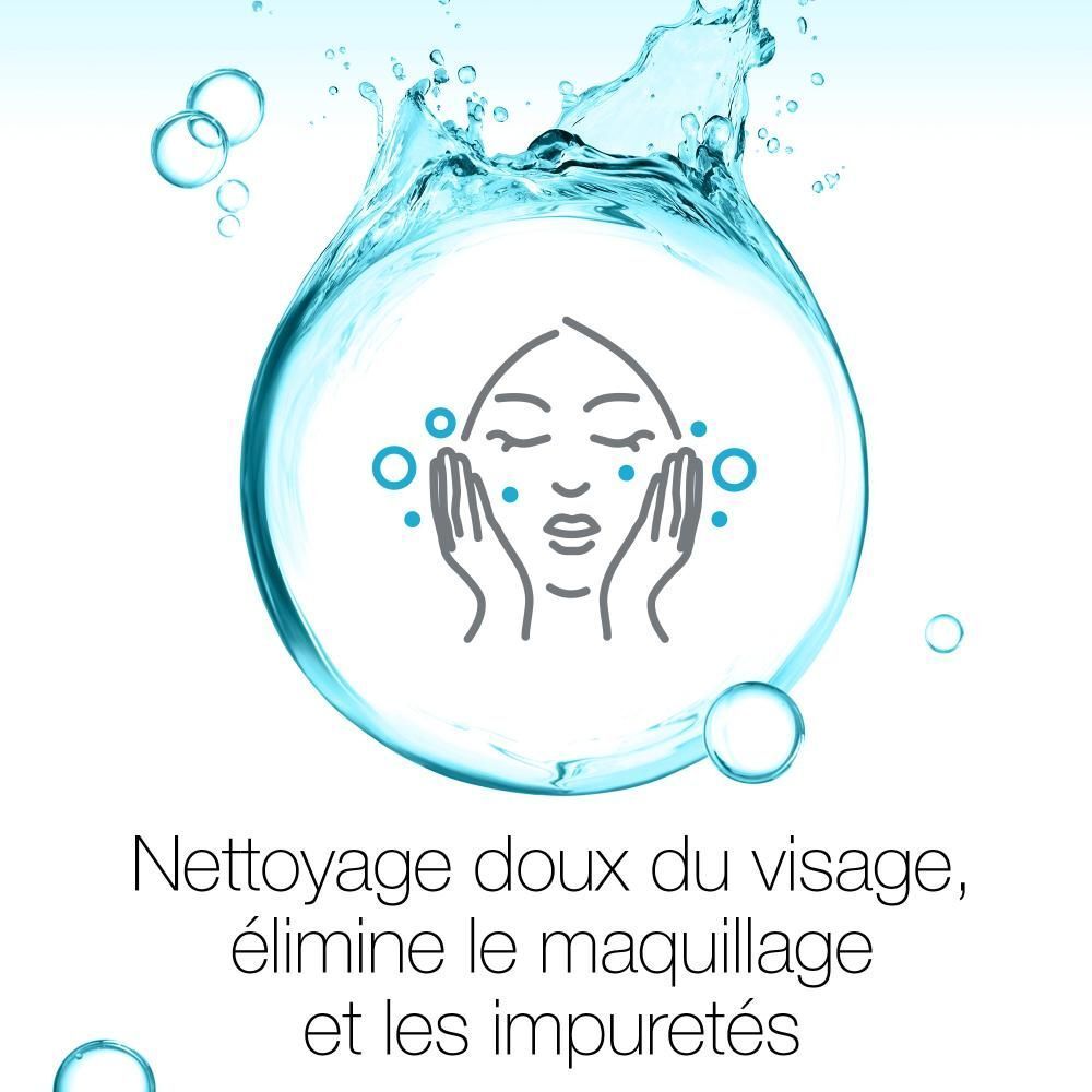 Graphique: visage avec mains. Texte: Nettoyage doux du visage, élimine le maquillage.