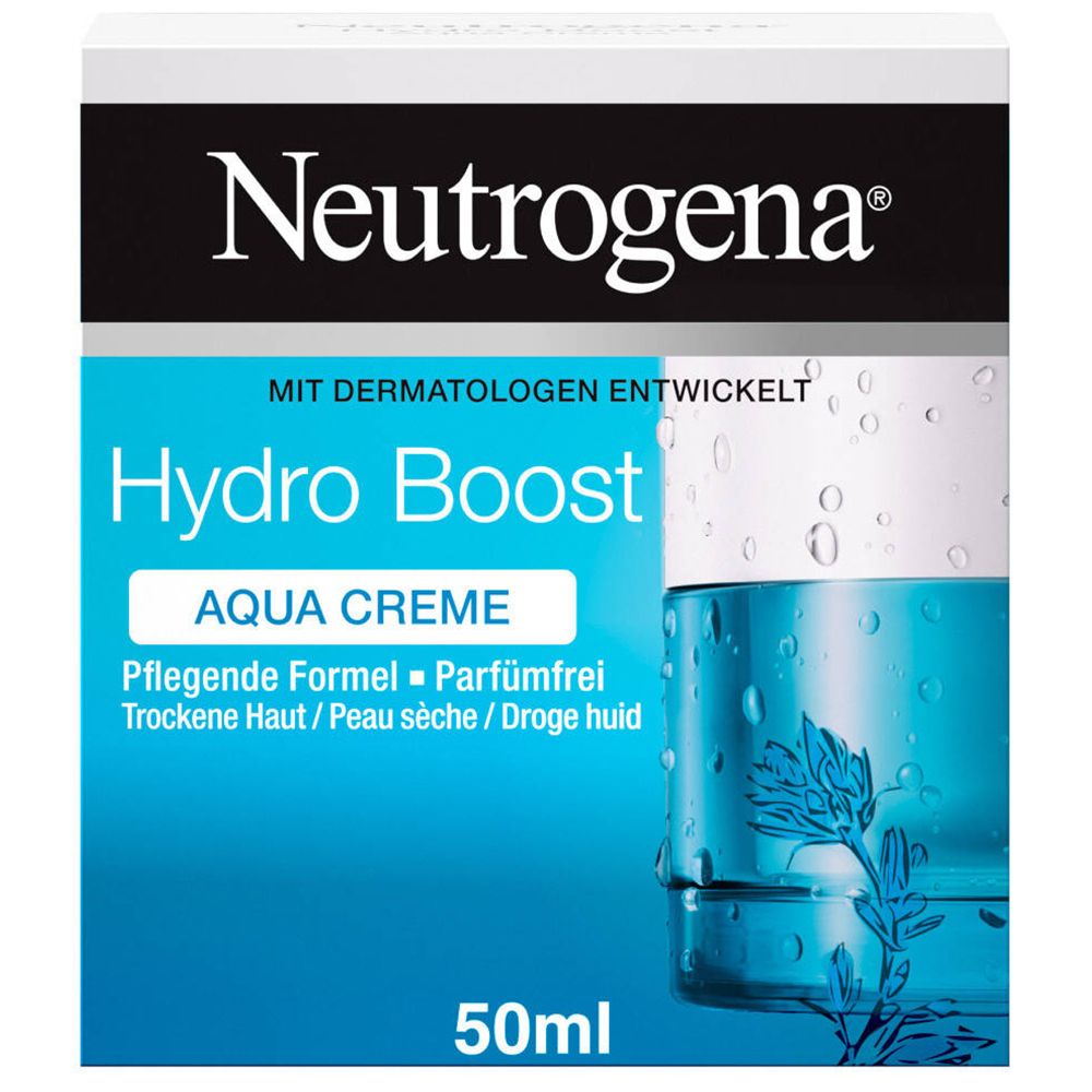 Neutrogena Hydro Boost Aqua Creme. Blaue Creme-Dose und Verpackung. Text: Hydro Boost, Aqua Creme, 50ml.