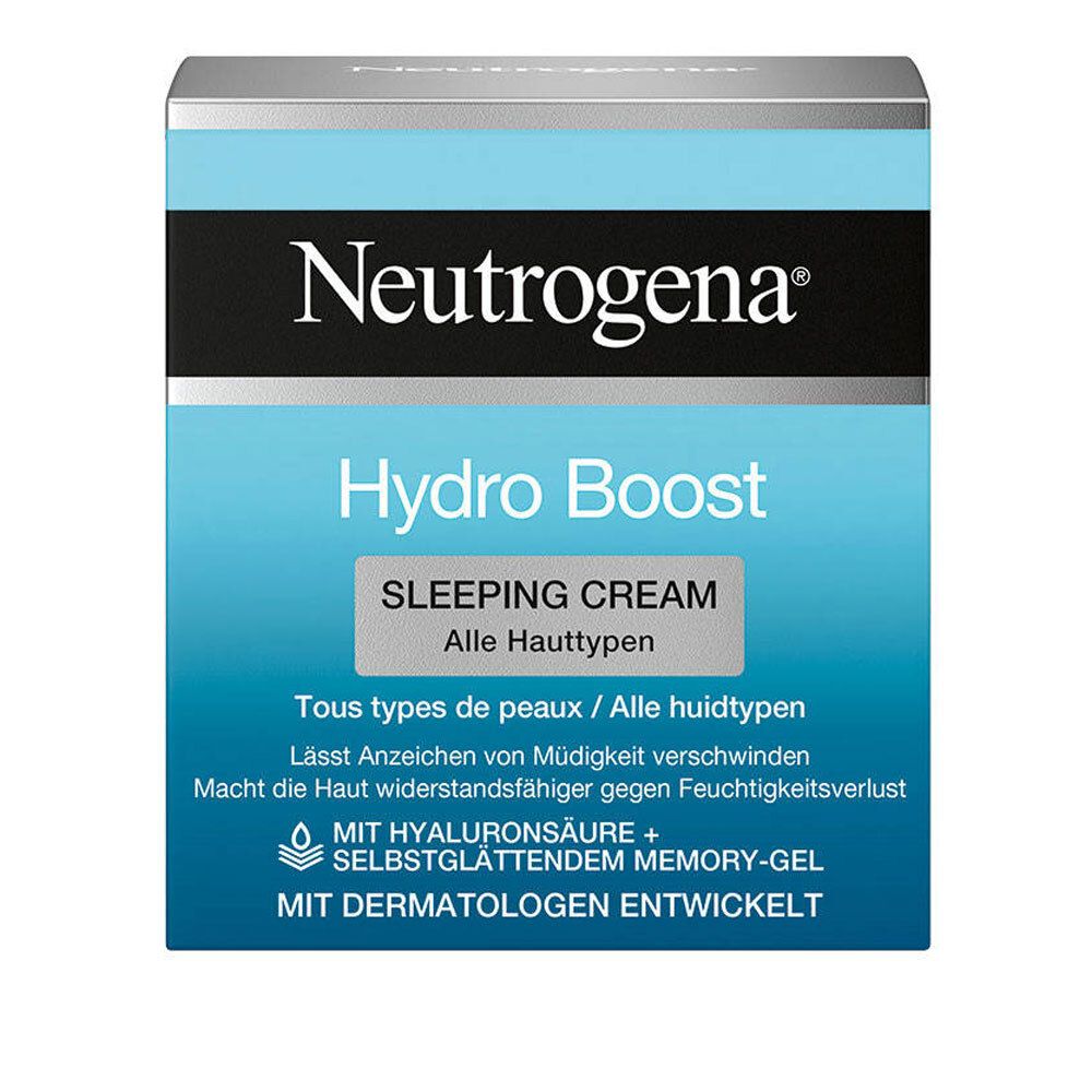 Neutrogena Hydro Boost Sleeping Cream. Emballage bleu. Texte et logo.