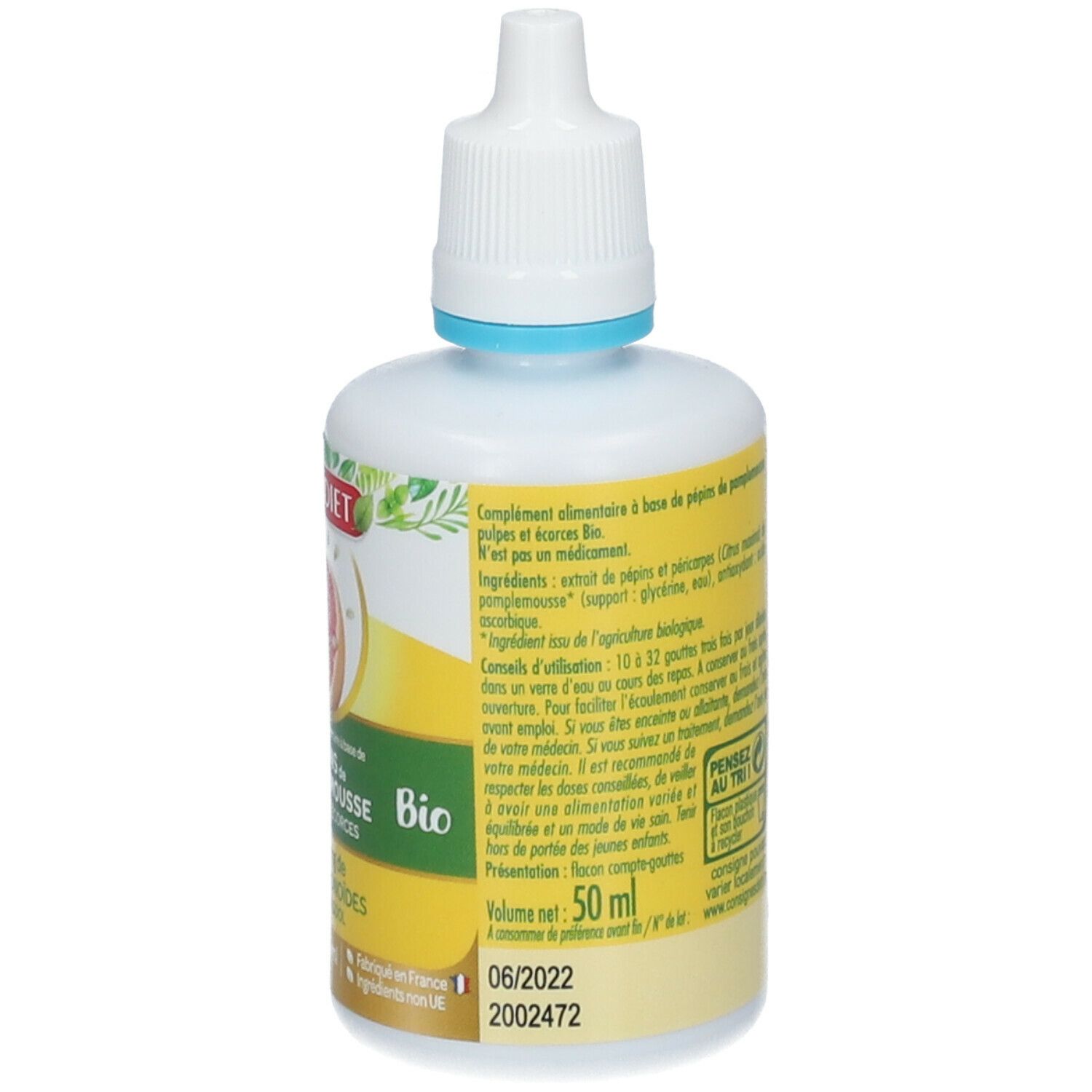 Flacon avec compte-gouttes. Informations textuelles, ingrédients et label bio. Volume : 50 ml.