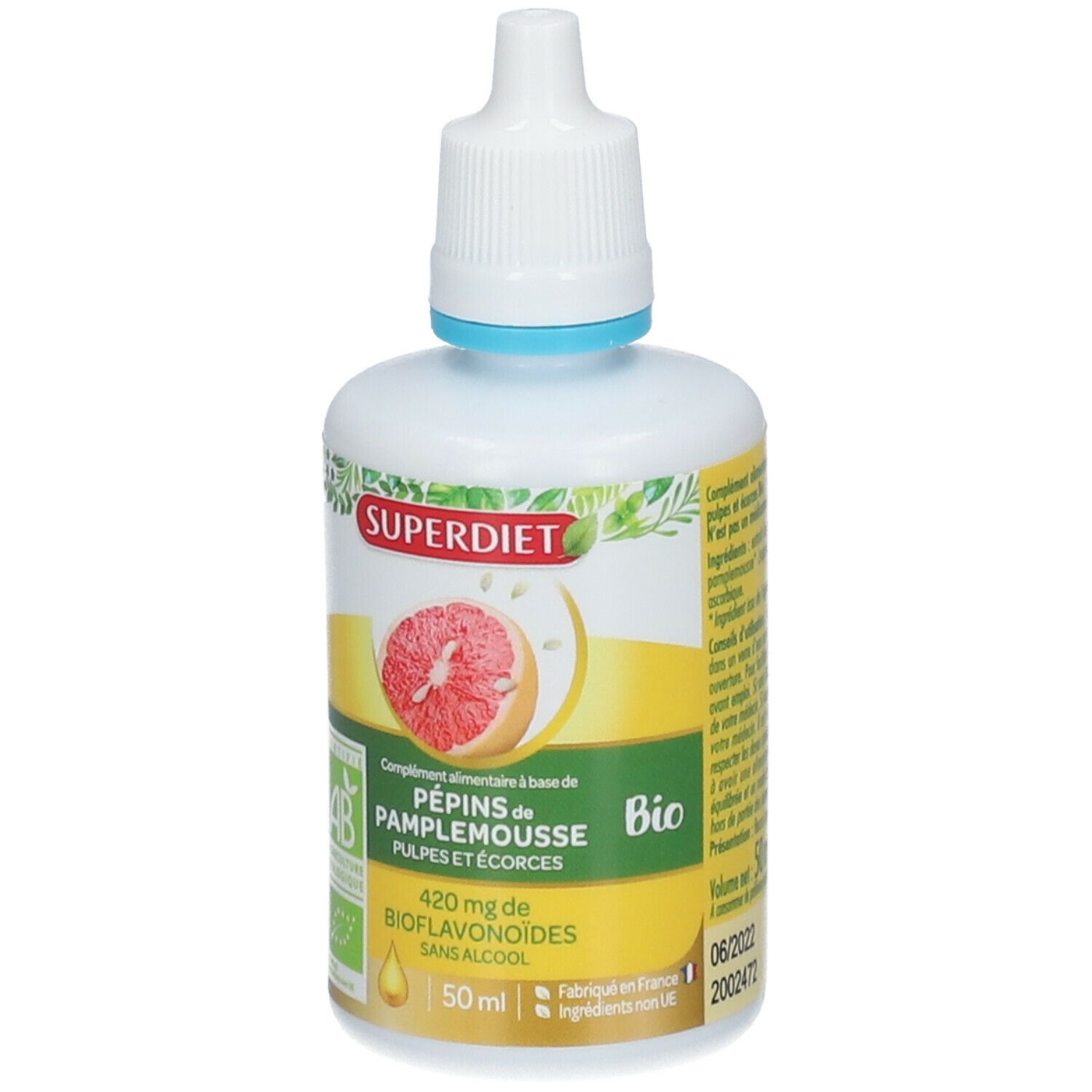 Flacon avec compte-gouttes. Étiquette avec nom du produit, pamplemousse et label bio. 50 ml.