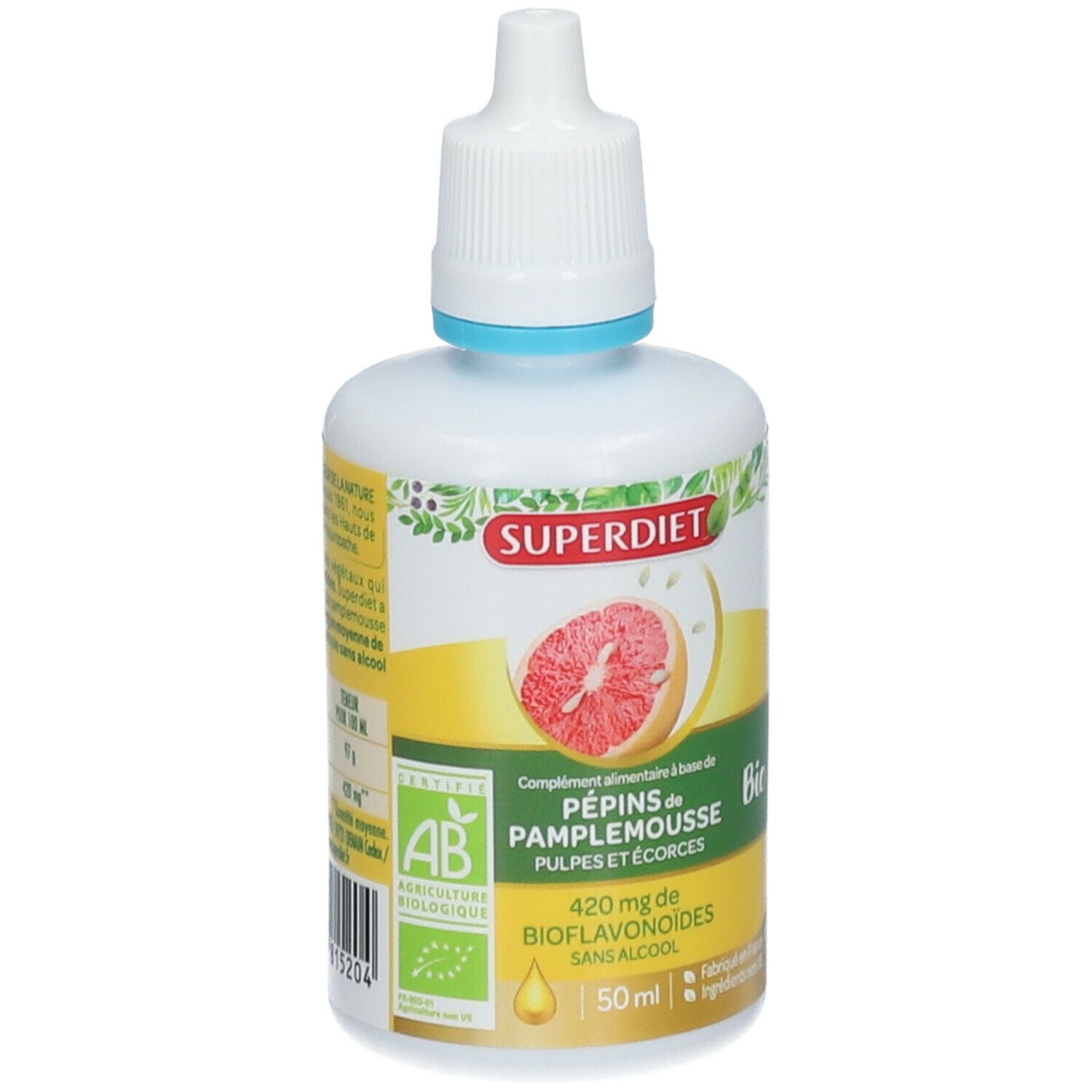 Flacon avec compte-gouttes. Étiquette avec nom du produit, pamplemousse et label bio. 50 ml.
