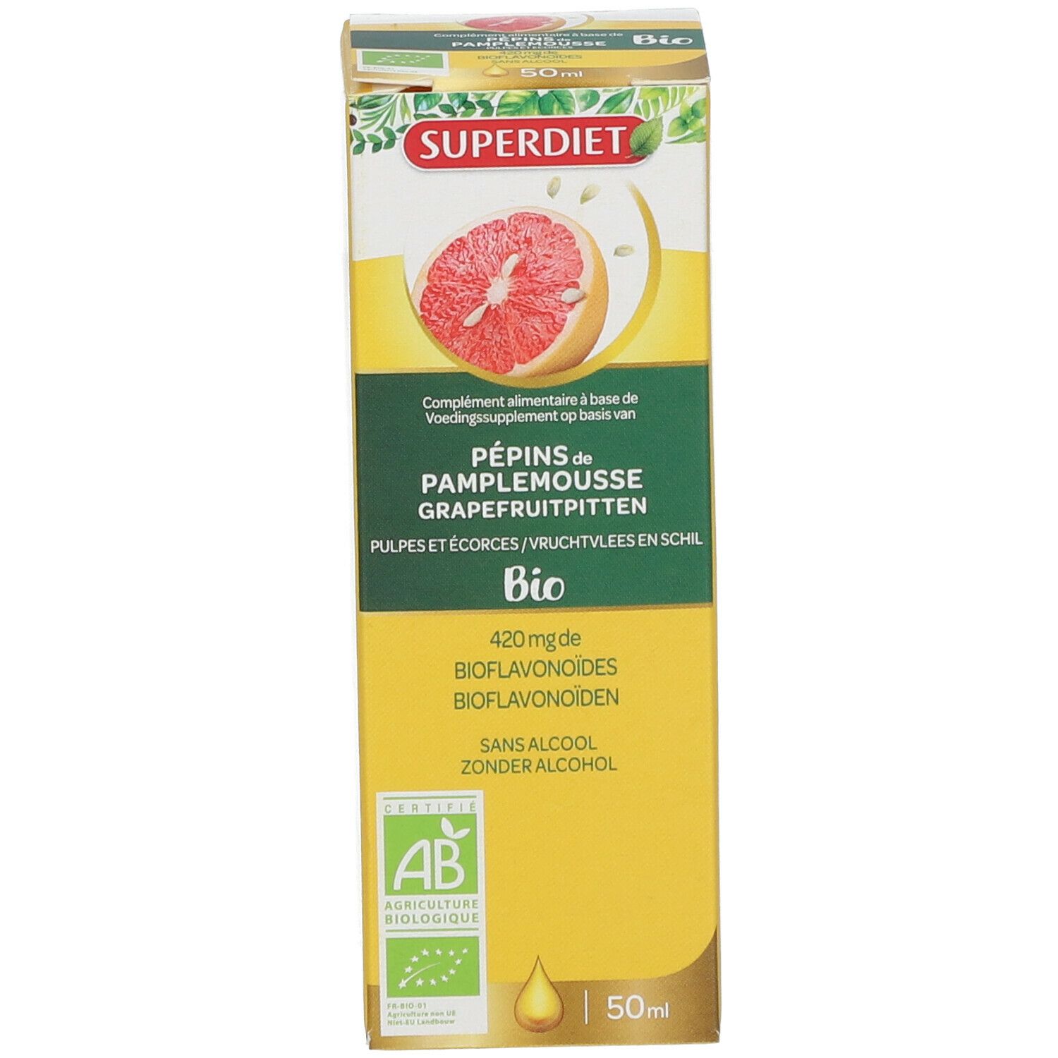 Boîte jaune. Nom du produit, pamplemousse, label bio. 50 ml.
