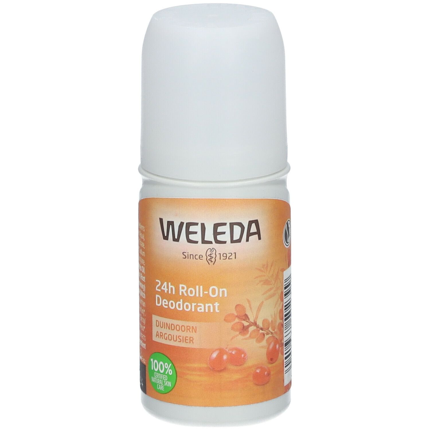 Déodorant roll-on 24h Weleda. Flacon blanc avec étiquette orange. Nom du produit et ingrédients visibles.