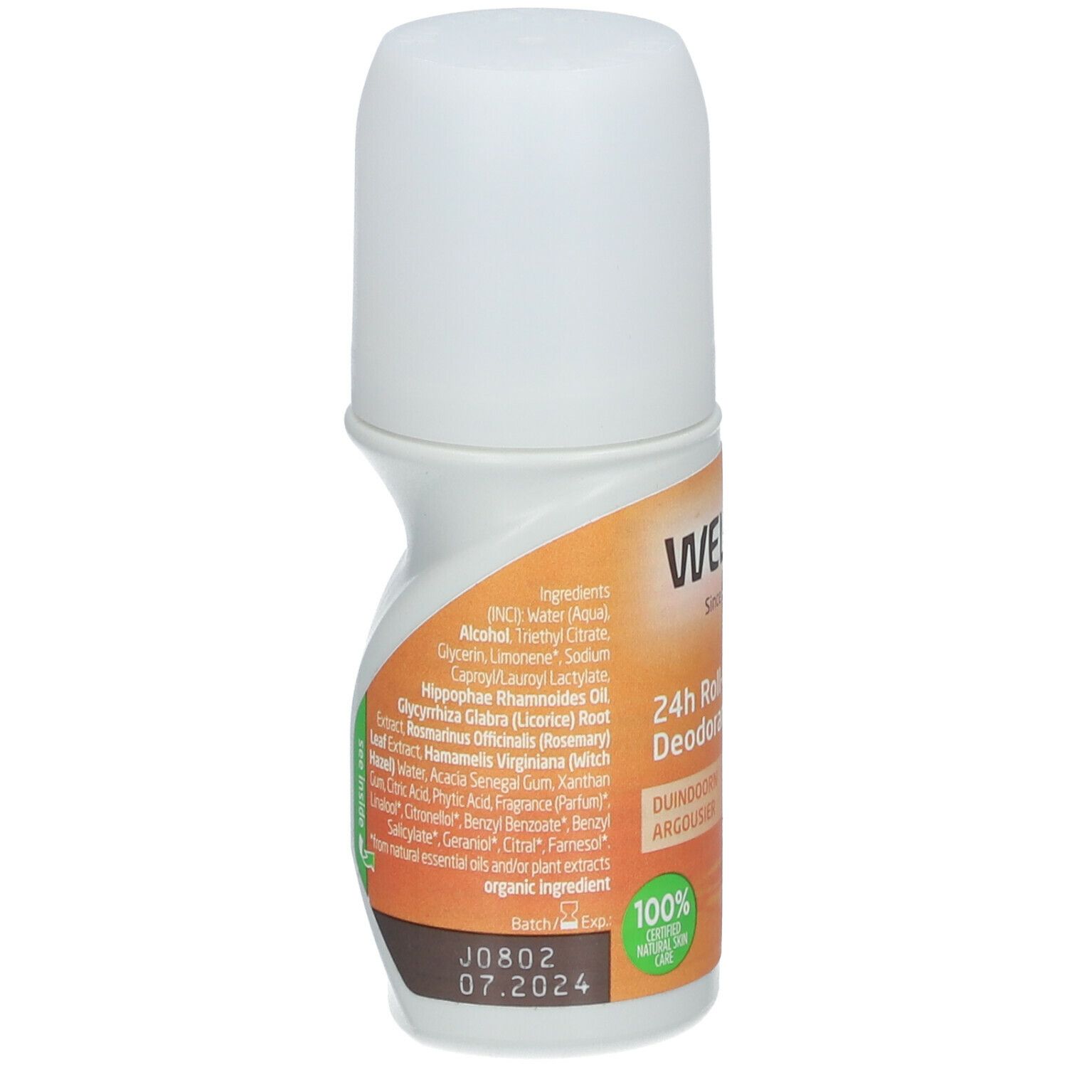 Dos du déodorant roll-on 24h Weleda. Ingrédients et date de péremption. Flacon blanc avec étiquette orange.