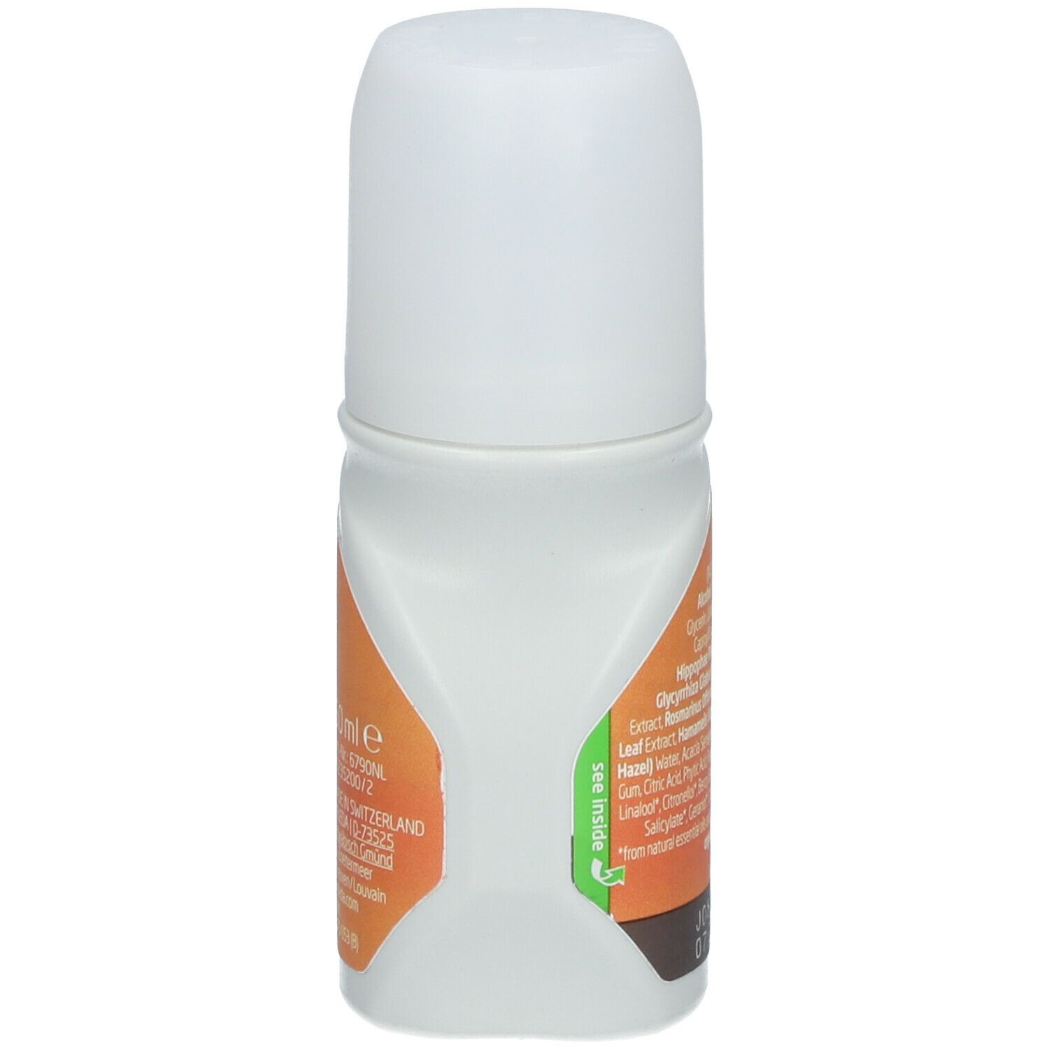Dos du déodorant roll-on 24h Weleda. Ingrédients et informations fabricant. Flacon blanc avec étiquette orange.