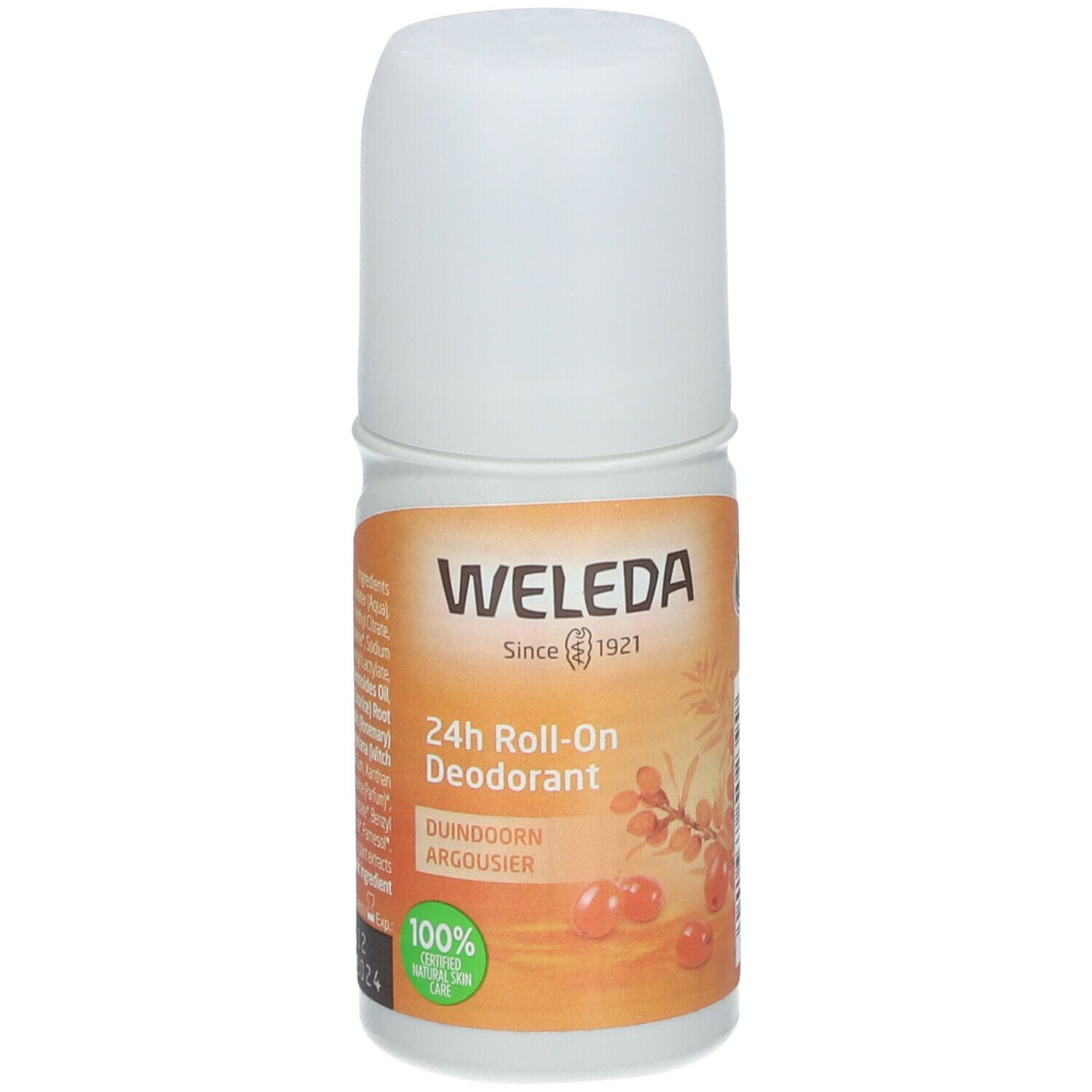 Déodorant roll-on 24h Weleda. Flacon blanc avec étiquette orange. Nom du produit et ingrédients visibles.