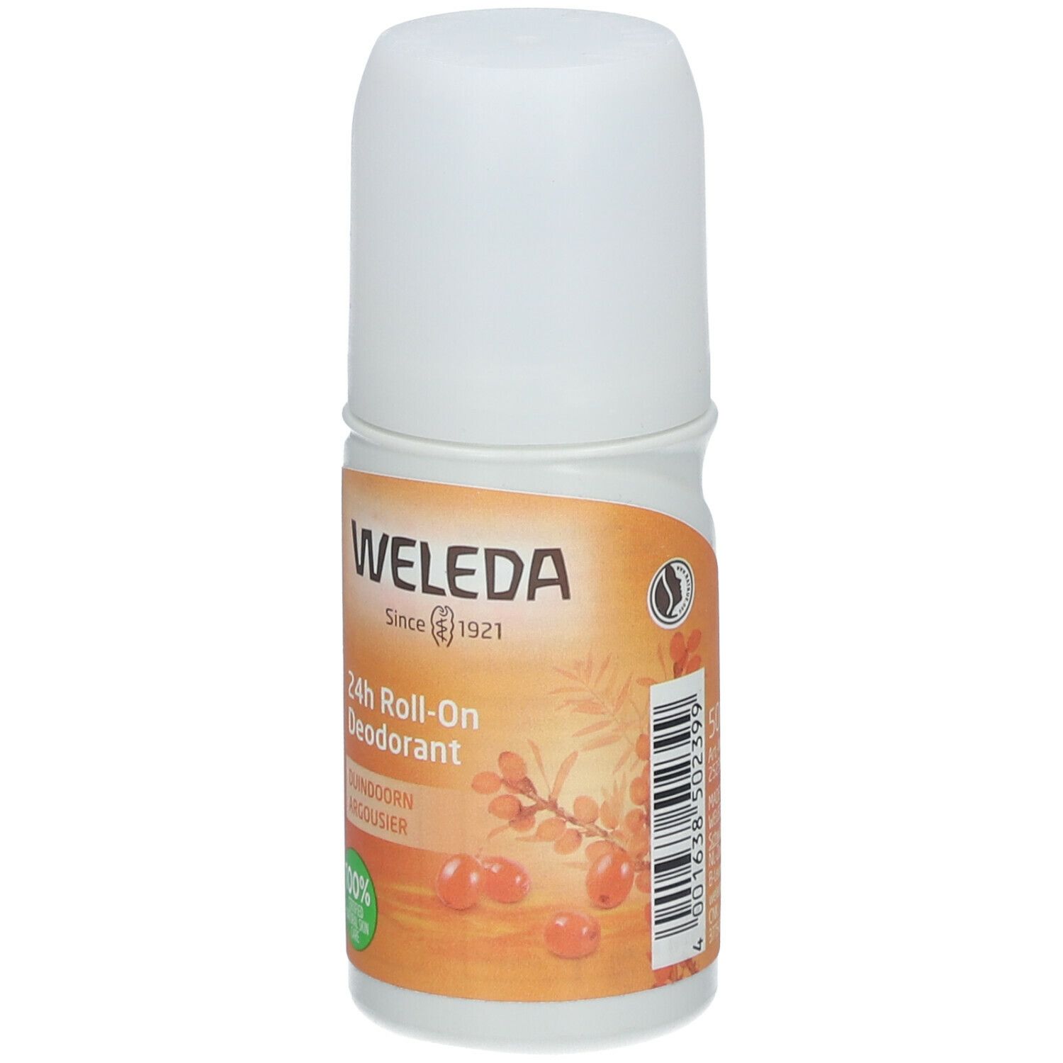 Déodorant roll-on 24h Weleda. Flacon blanc avec étiquette orange. Nom du produit et ingrédients visibles.
