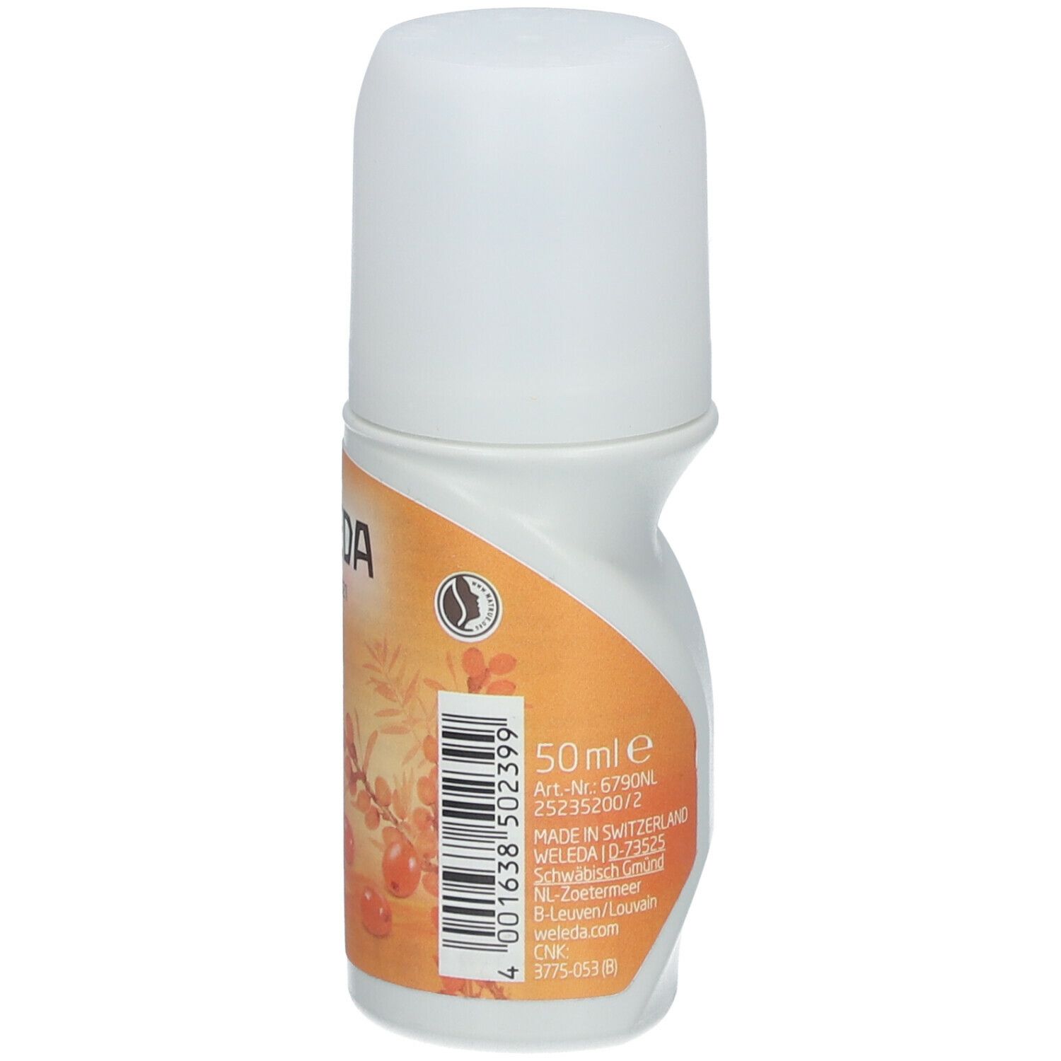 Déodorant roll-on 24h Weleda. Flacon blanc avec étiquette orange. Nom du produit, volume et informations fabricant visibles.