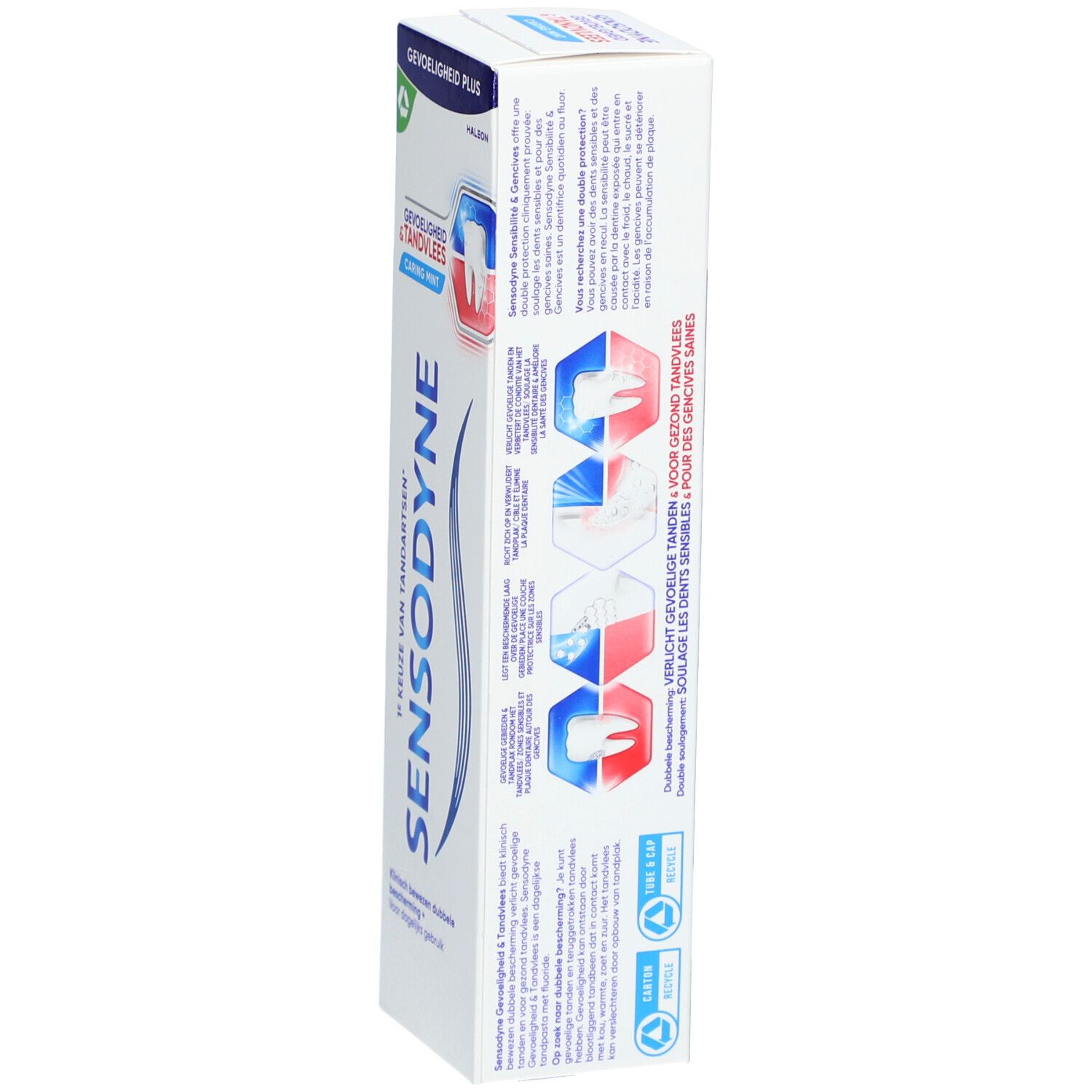 Tandpastaverpakking met SENSODYNE-opschrift. Tekst in meerdere talen. Logo met tand en tandvlees. Recyclingsymbool.