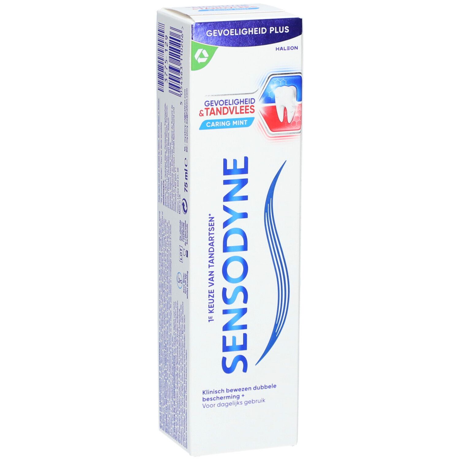 Tandpastatube in witte verpakking. Opschrift SENSODYNE. Tekst in meerdere talen. Logo met tand en tandvlees.