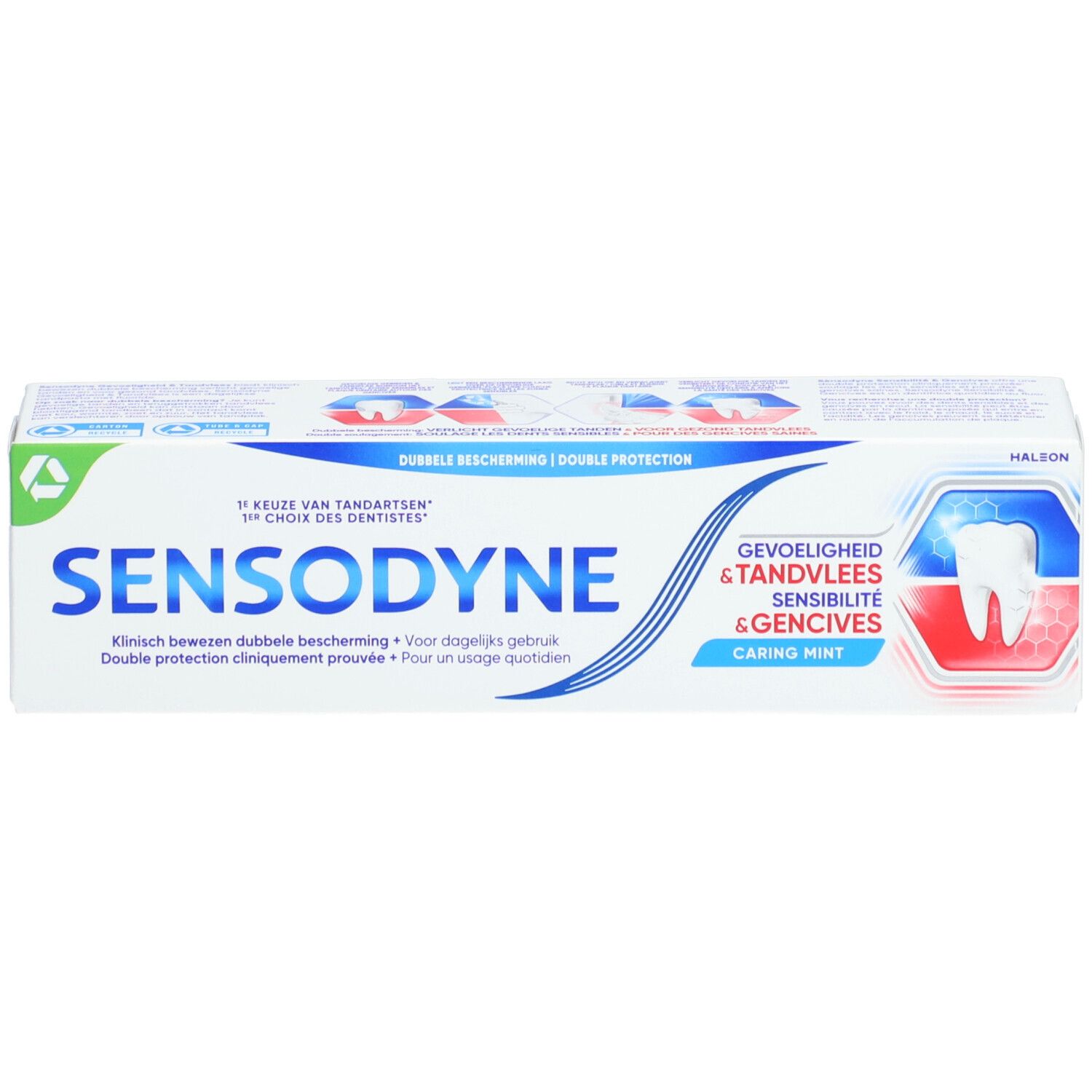 Tandpastatube in witte verpakking. Opschrift SENSODYNE. Tekst in meerdere talen. Logo met tand en tandvlees.