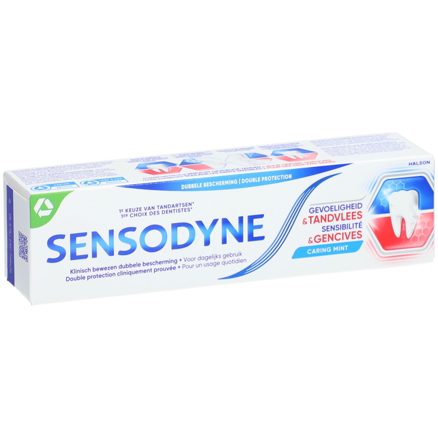 Tandpastatube in witte verpakking. Opschrift SENSODYNE. Tekst in meerdere talen. Logo met tand en tandvlees.
