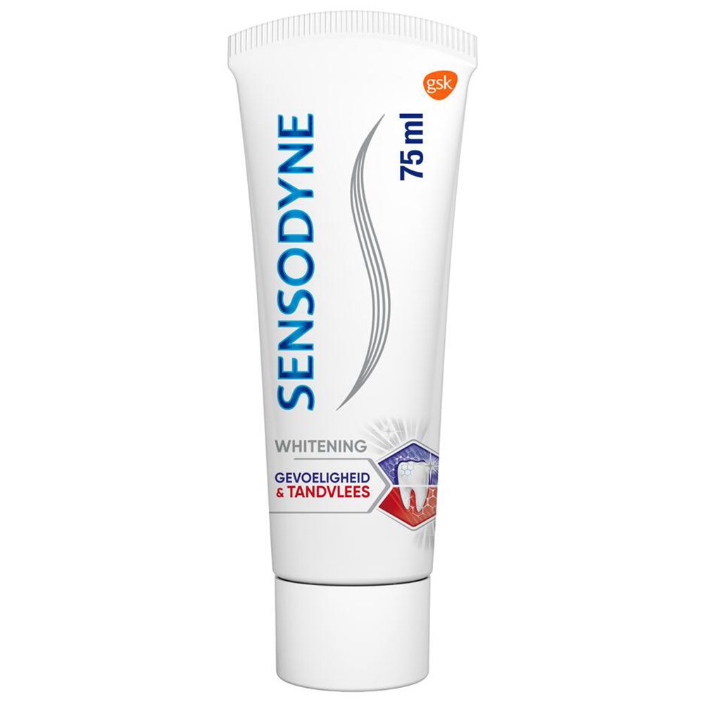 Tandpastatube. Wit, met blauwe tekst en logo. Bevat 75 ml. Sensodyne-logo.