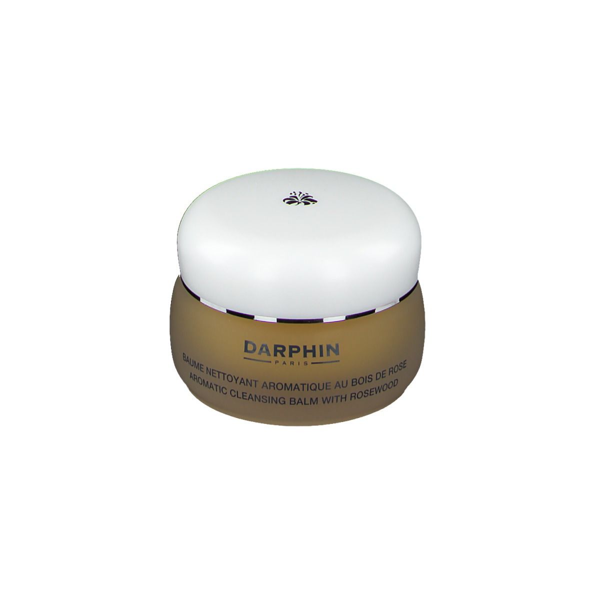 Pot rond avec couvercle blanc. Inscription: DARPHIN PARIS, BAUME NETTOYANT AROMATIQUE AU BOIS DE ROSE, AROMATIC CLEANSING BALM WITH ROSEWOOD.
