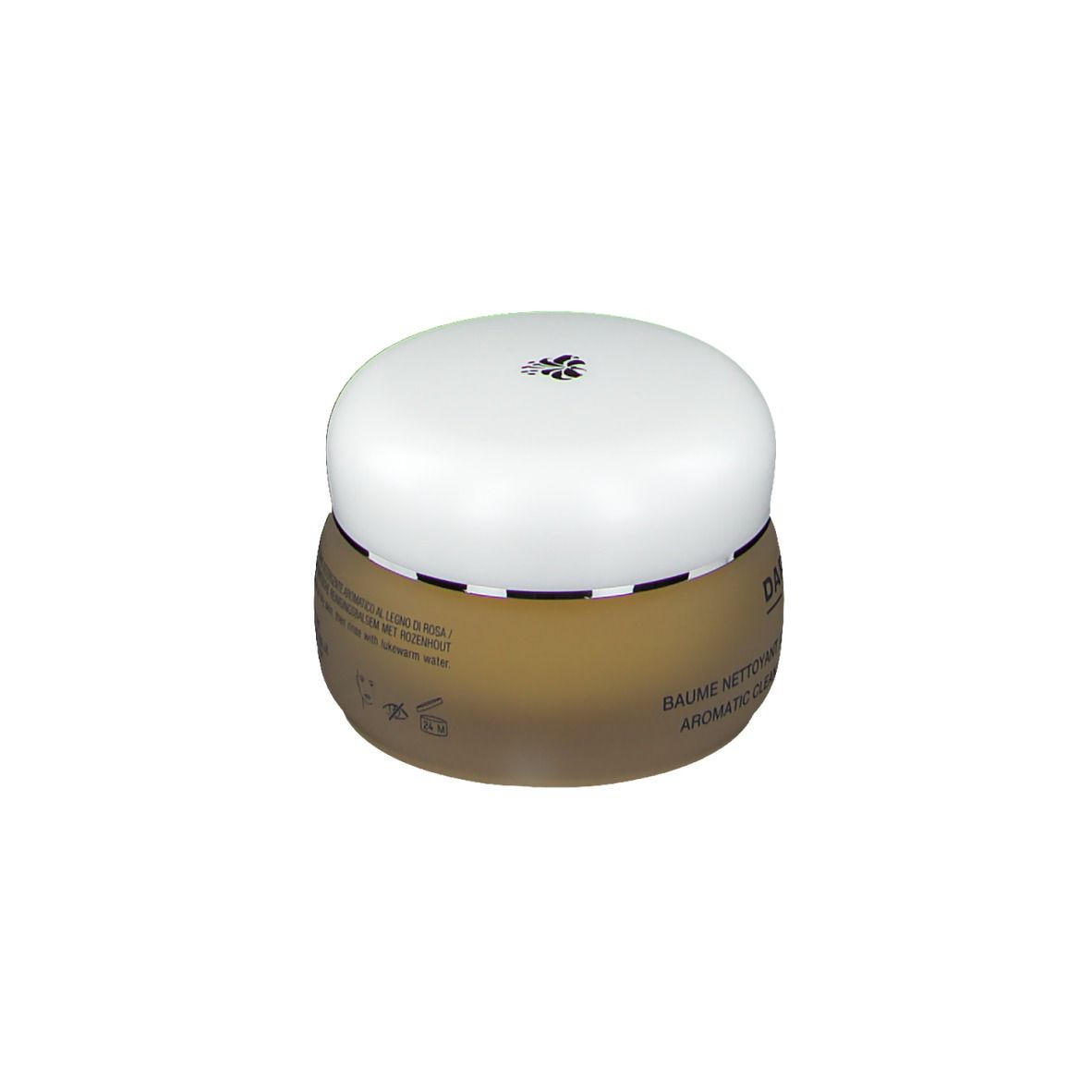 Pot rond avec couvercle blanc. Inscription: DARPHIN PARIS, BAUME NETTOYANT AROMATIQUE AU BOIS DE ROSE, AROMATIC CLEANSING BALM WITH ROSEWOOD.