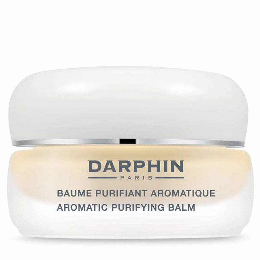 Pot de crème avec couvercle blanc. Inscription: DARPHIN PARIS, BAUME PURIFIANT AROMATIQUE, AROMATIC PURIFYING BALM.