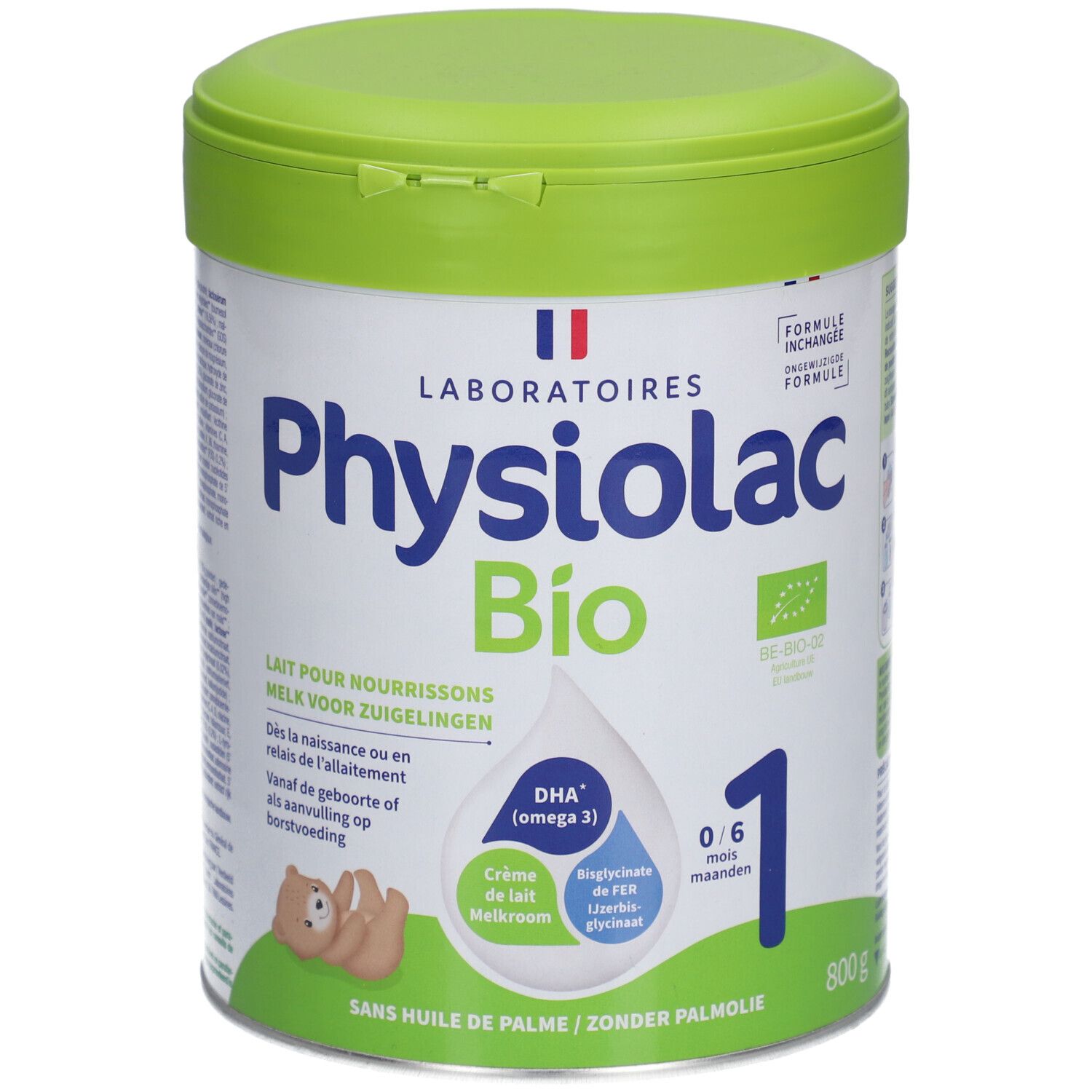 Ronde doos met groene deksel. Opschrift: Physiolac Bio 1. Bevat DHA (omega 3). Voor zuigelingen van 0-6 maanden.