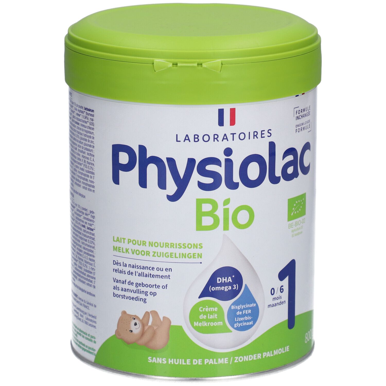 Ronde doos met groene deksel. Opschrift: Physiolac Bio 1. Bevat DHA (omega 3). Voor zuigelingen van 0-6 maanden.