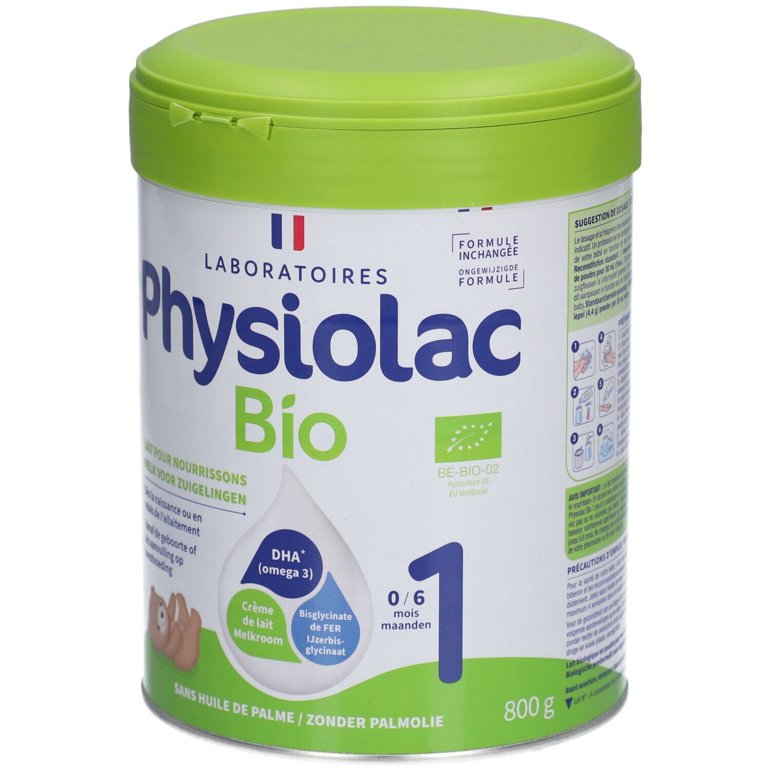 Ronde doos met groene deksel. Opschrift: Physiolac Bio 1. Bevat DHA (omega 3). Voor zuigelingen van 0-6 maanden. 800g.