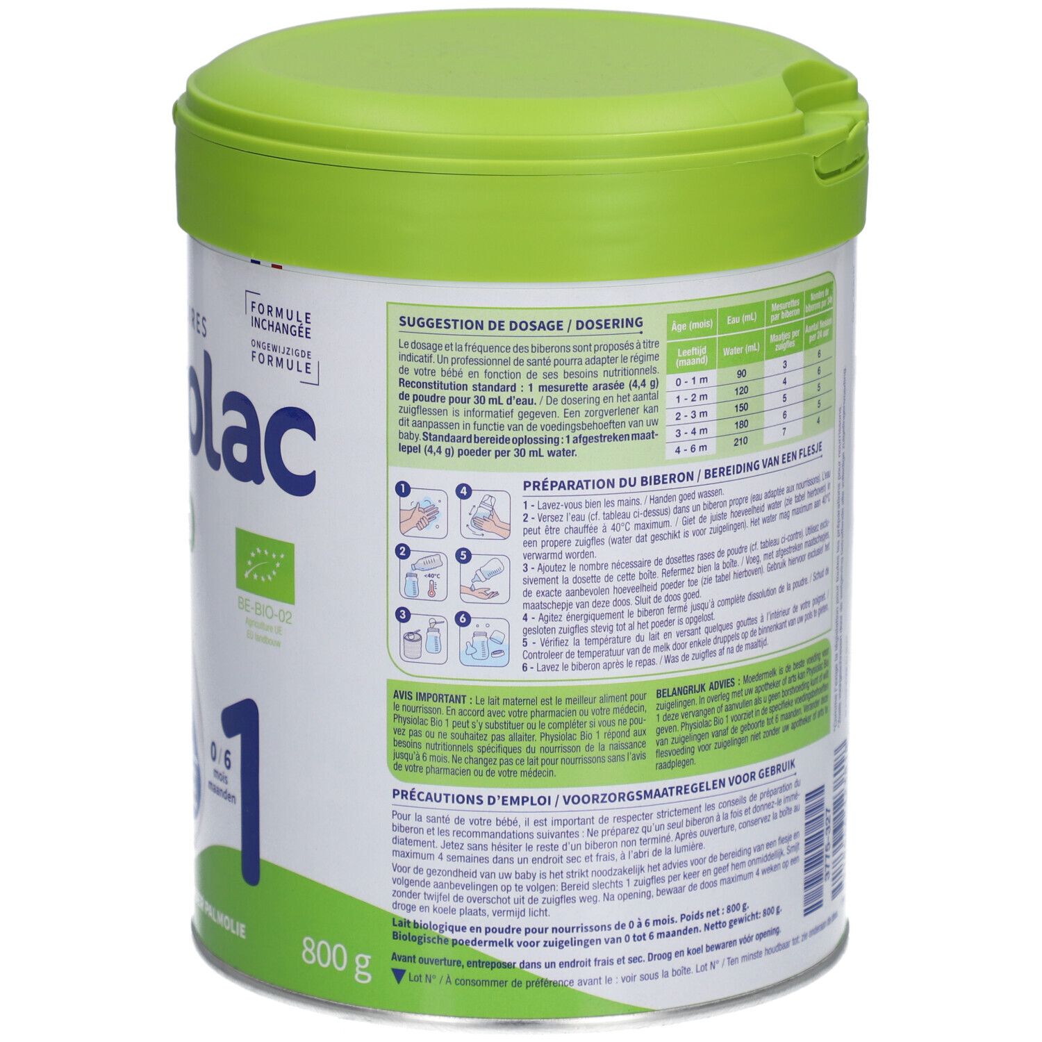 Achterkant van een doos met groene deksel. Bevat informatie over dosering en bereiding. Meertalige tekst. 800g.