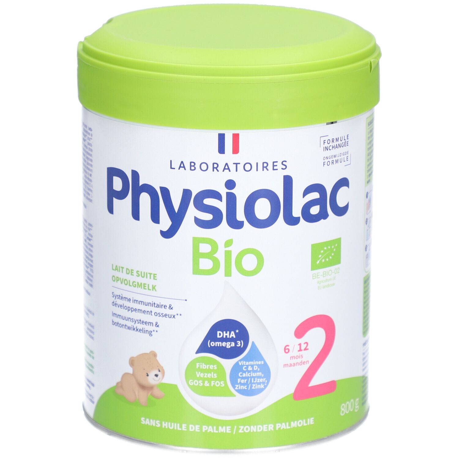 Physiolac Bio 2, boîte avec couvercle vert. Contient DHA (oméga 3), GOS & FOS. Pour 6-12 mois.