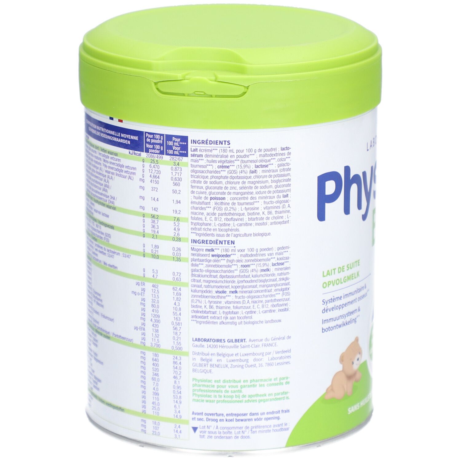 Physiolac Bio 2, boîte avec couvercle vert. Dos avec liste des ingrédients et informations nutritionnelles.