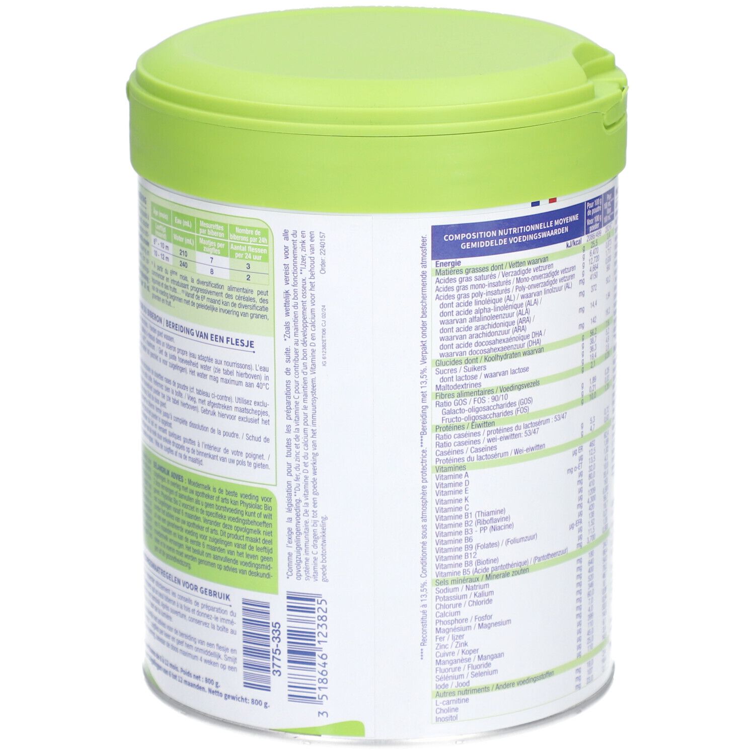 Physiolac Bio 2, boîte avec couvercle vert. Dos avec informations nutritionnelles et instructions de préparation.
