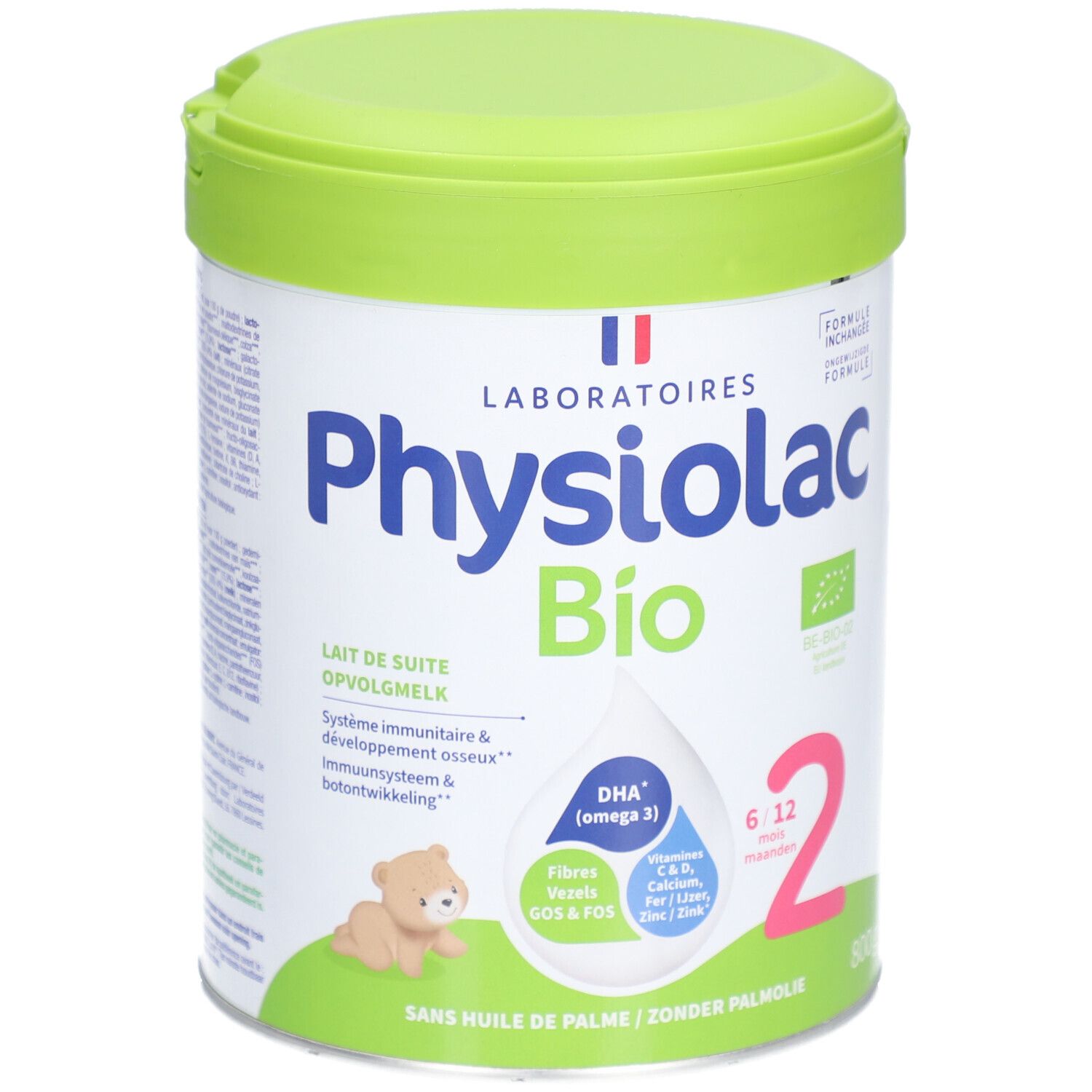 Physiolac Bio 2, boîte avec couvercle vert. Contient DHA (oméga 3), GOS & FOS. Pour 6-12 mois.