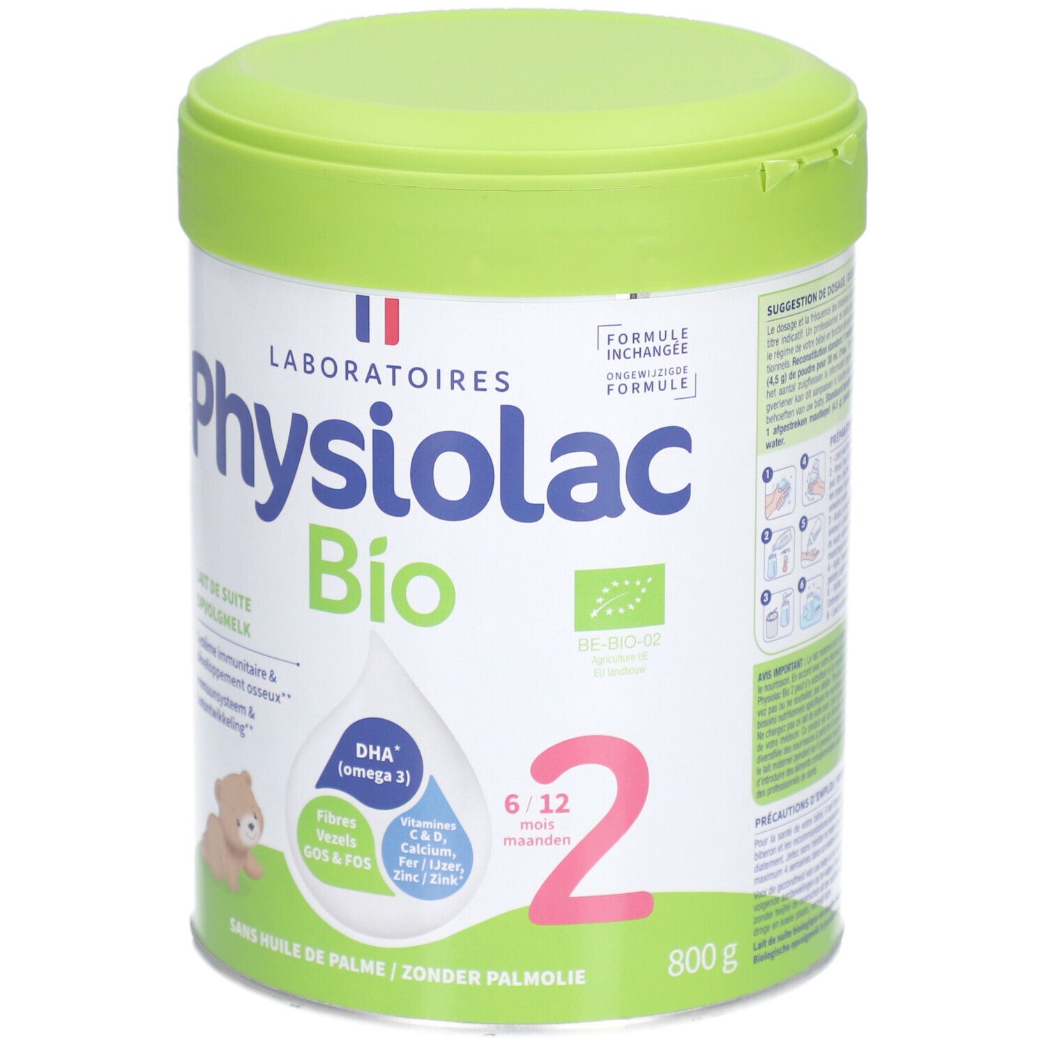 Physiolac Bio 2, boîte avec couvercle vert. Contient DHA (oméga 3), GOS & FOS. Pour 6-12 mois.