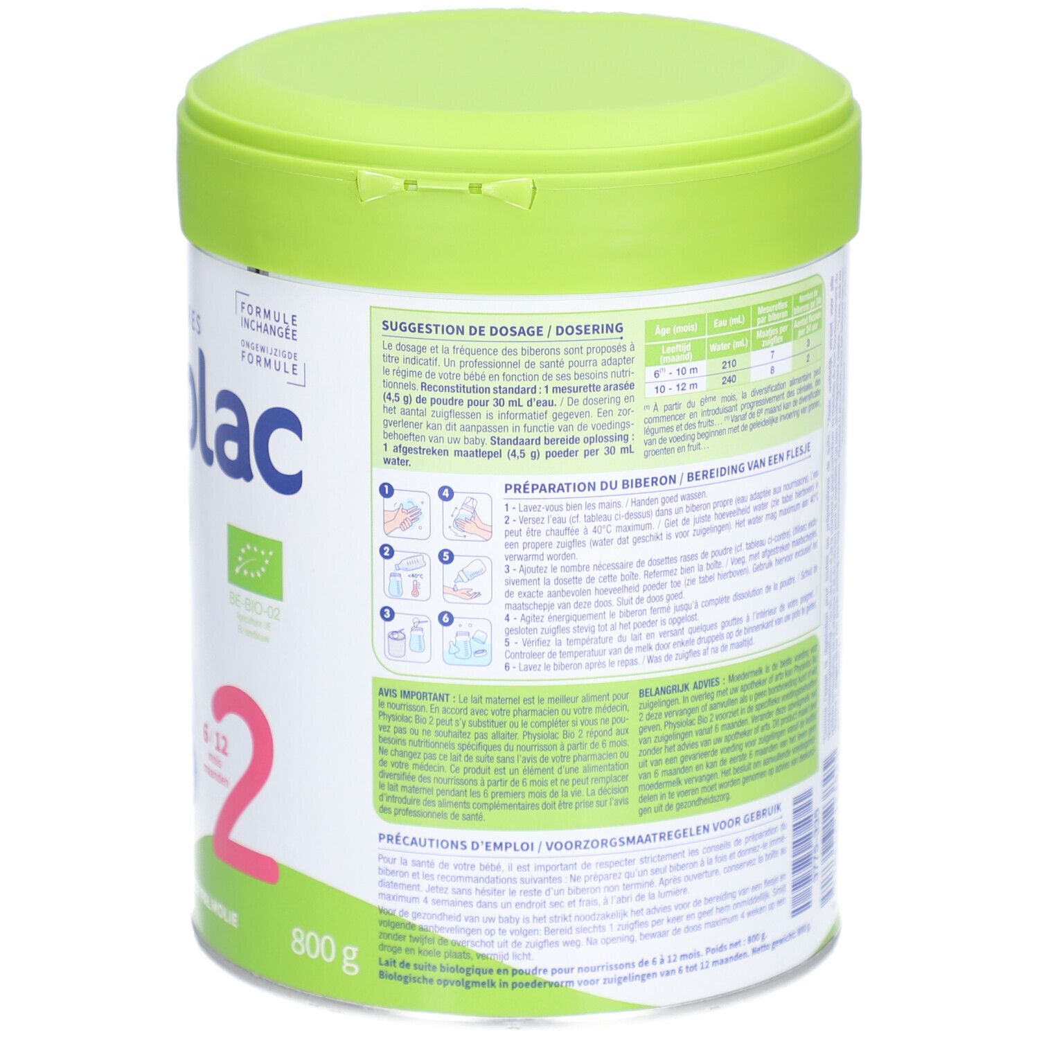 Physiolac Bio 2, boîte avec couvercle vert. Dos avec instructions de dosage et de préparation.