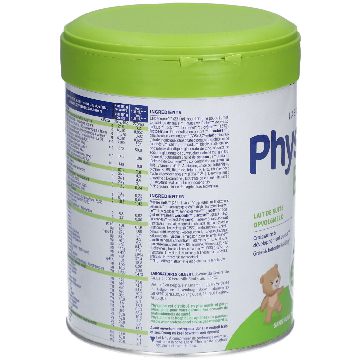 Dos de la boîte de lait infantile Physiolac Bio 3. Contient informations nutritionnelles, ingrédients et instructions. Couvercle vert.