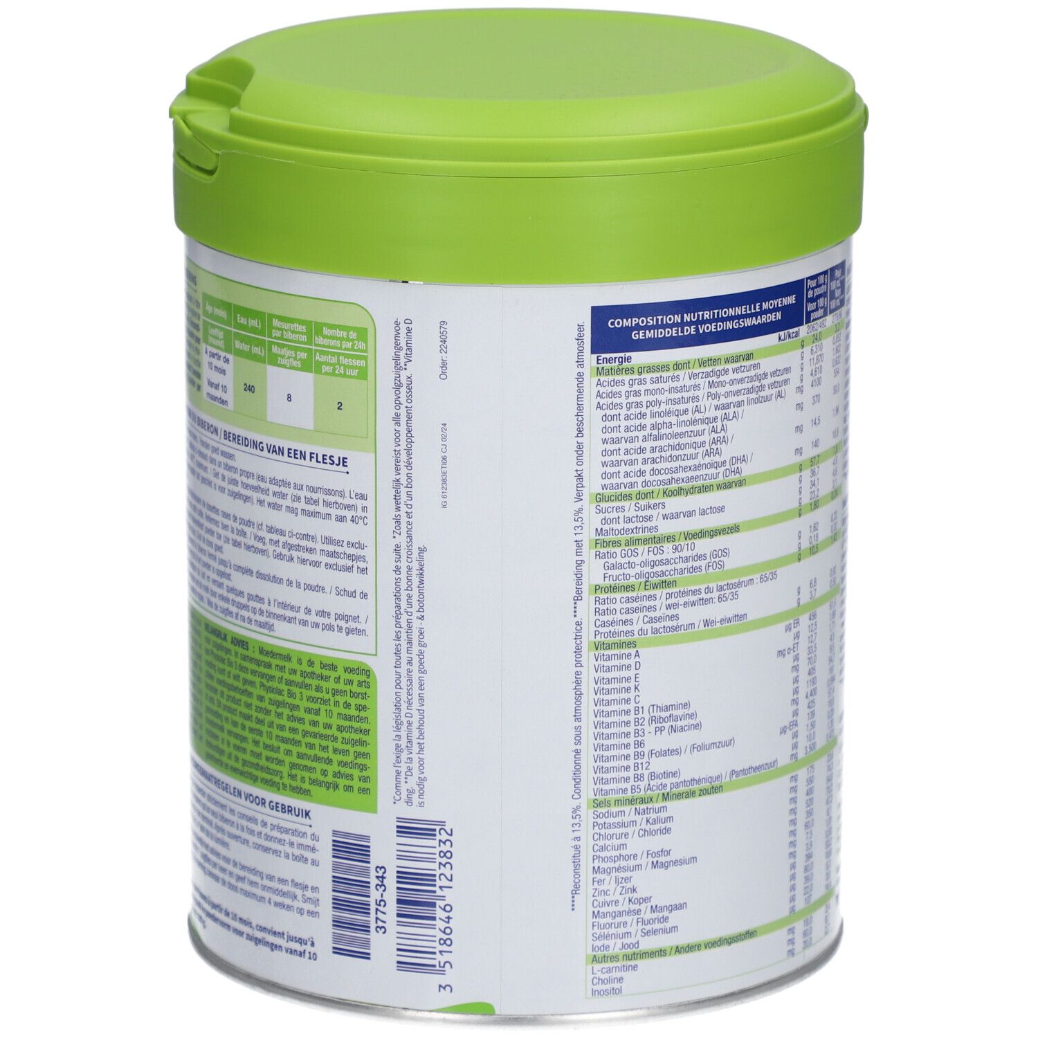 Dos de la boîte de lait infantile Physiolac Bio 3. Contient informations nutritionnelles et instructions. Couvercle vert.