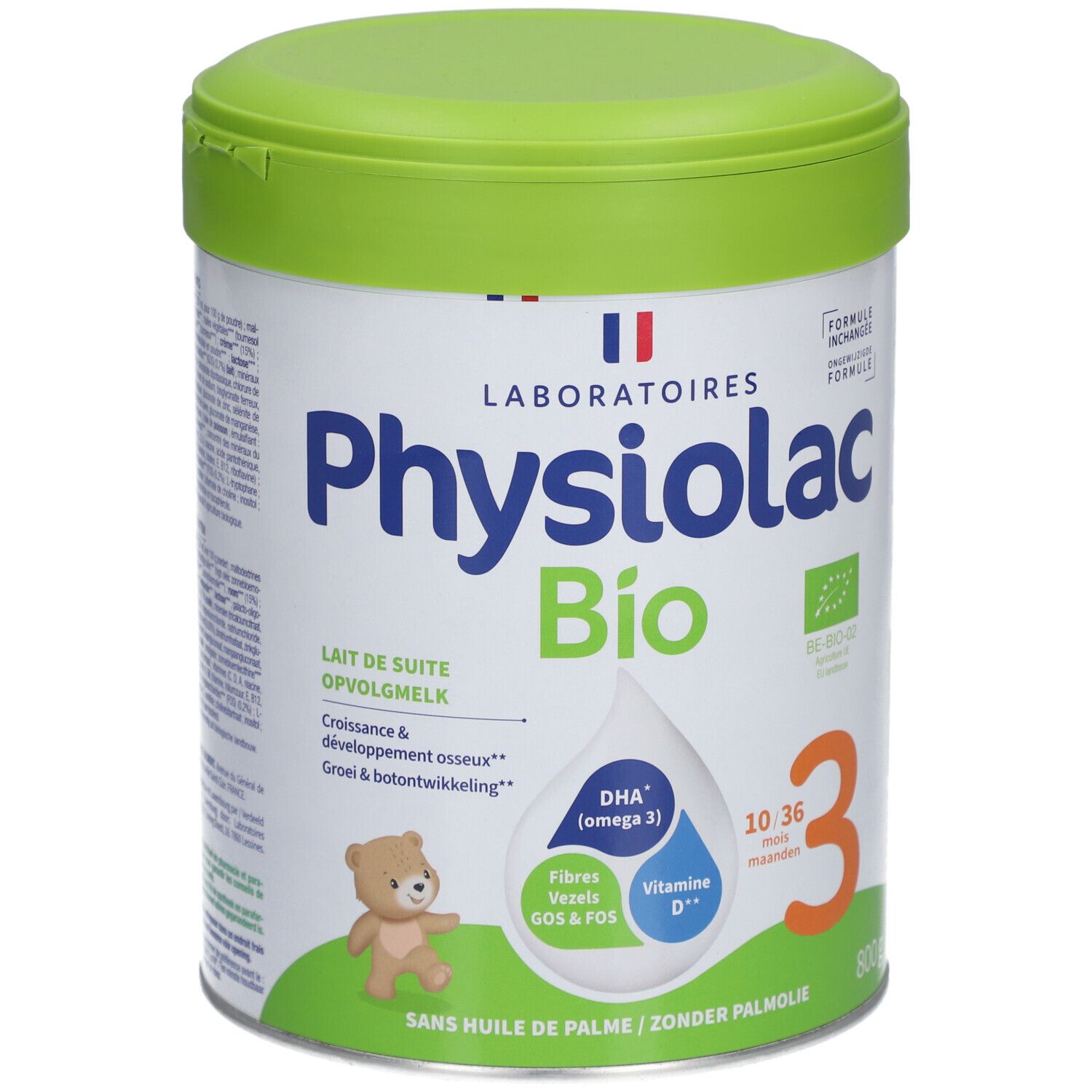 Boîte de lait infantile Physiolac Bio 3. Couvercle vert, texte bleu et orange. Contient DHA, vitamine D et GOS & FOS. 900g.