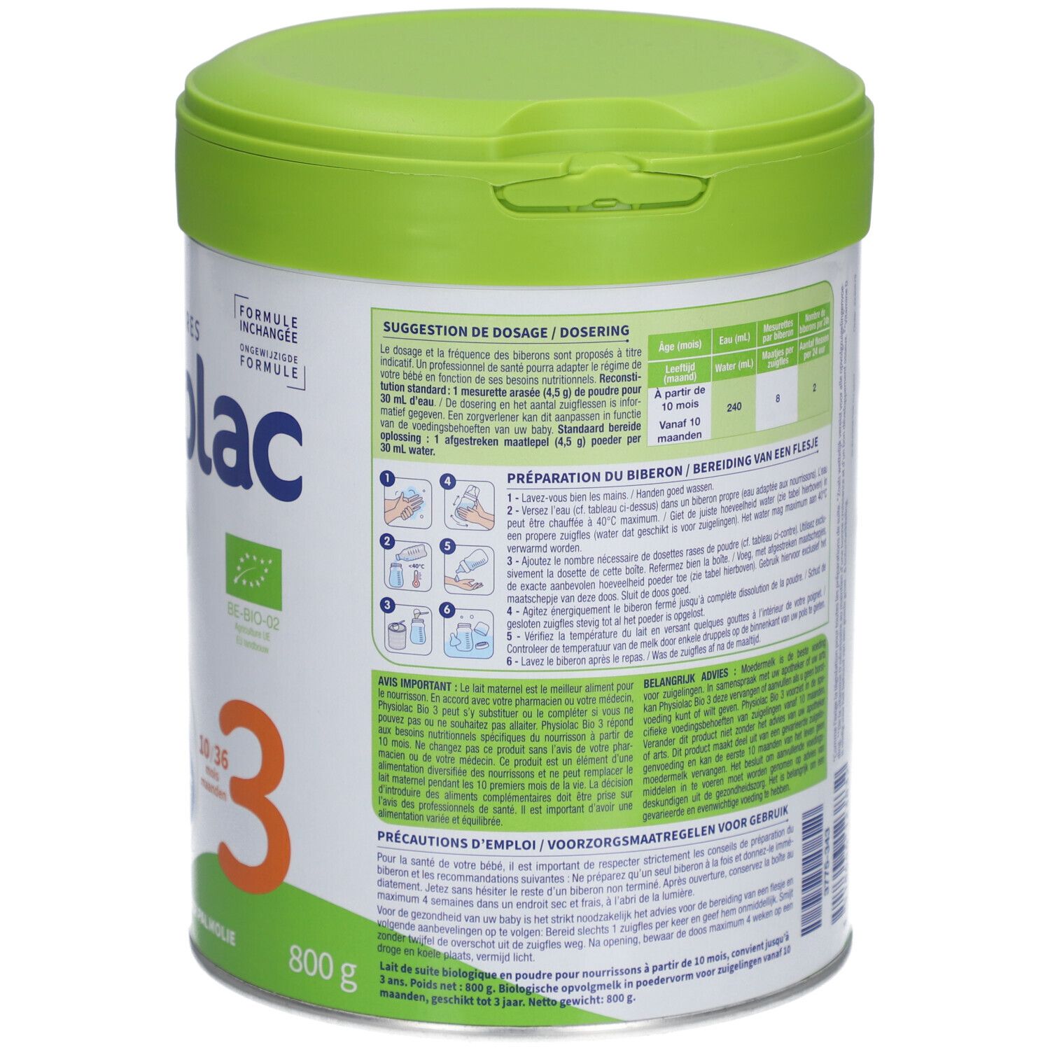 Dos de la boîte de lait infantile Physiolac Bio 3. Contient instructions et dosage. Couvercle vert. 800g.