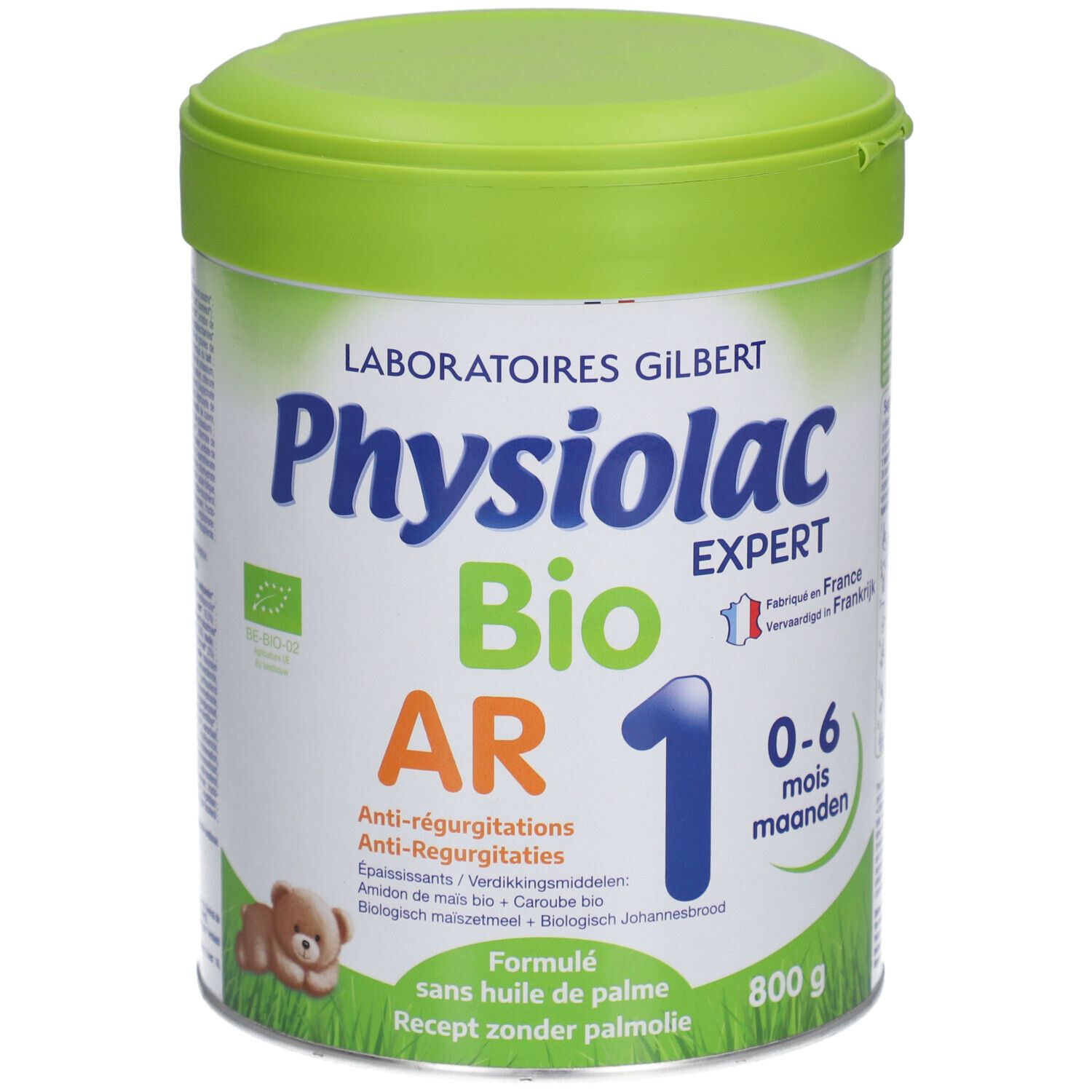 Physiolac AR 1 Bio, pot met groen deksel. Opschrift: Anti-reflux, 0-6 maanden, 800g. Bio-keurmerk.